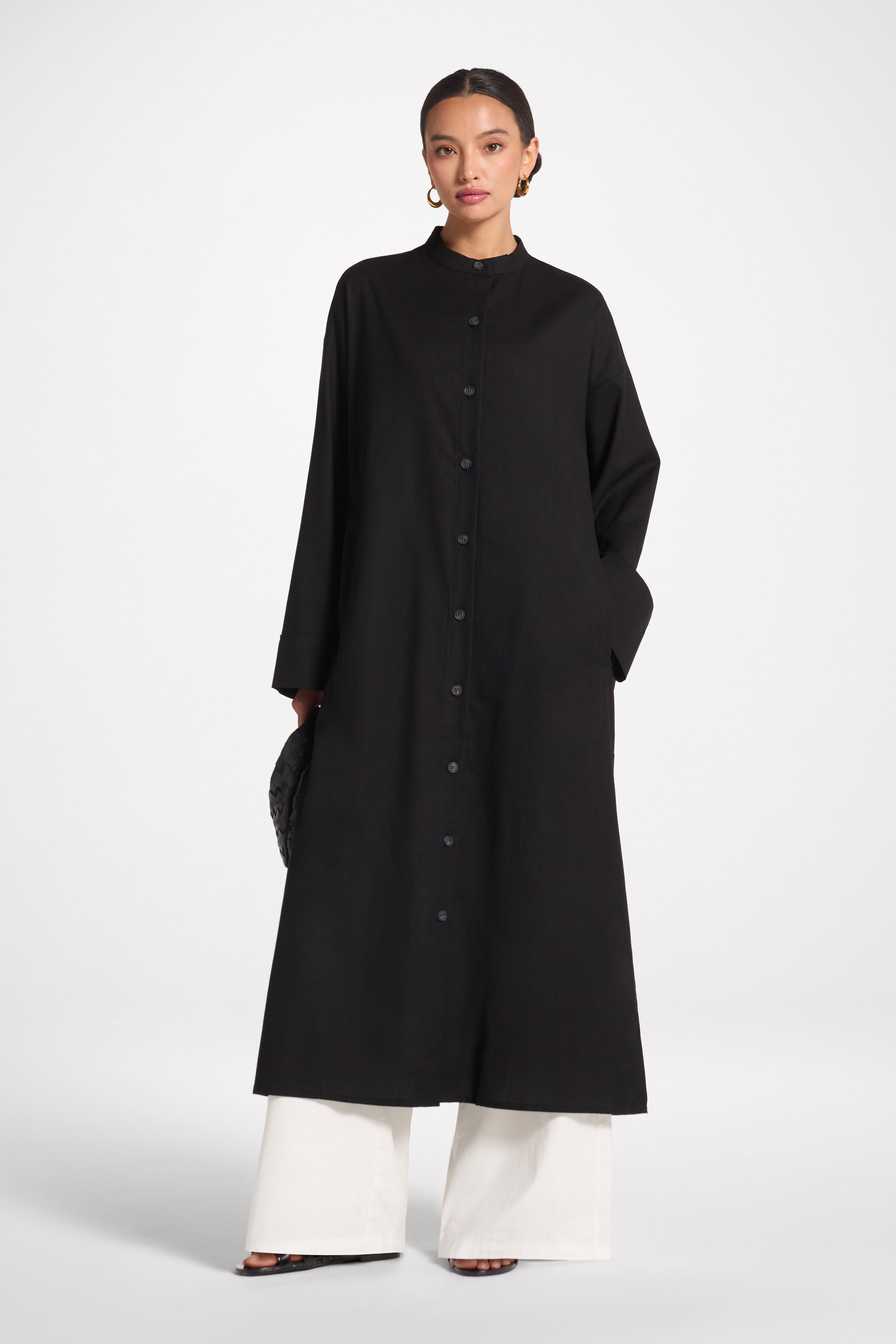 Cotton Linen Button-Up Cardigan Top - Black Top Veiled 
