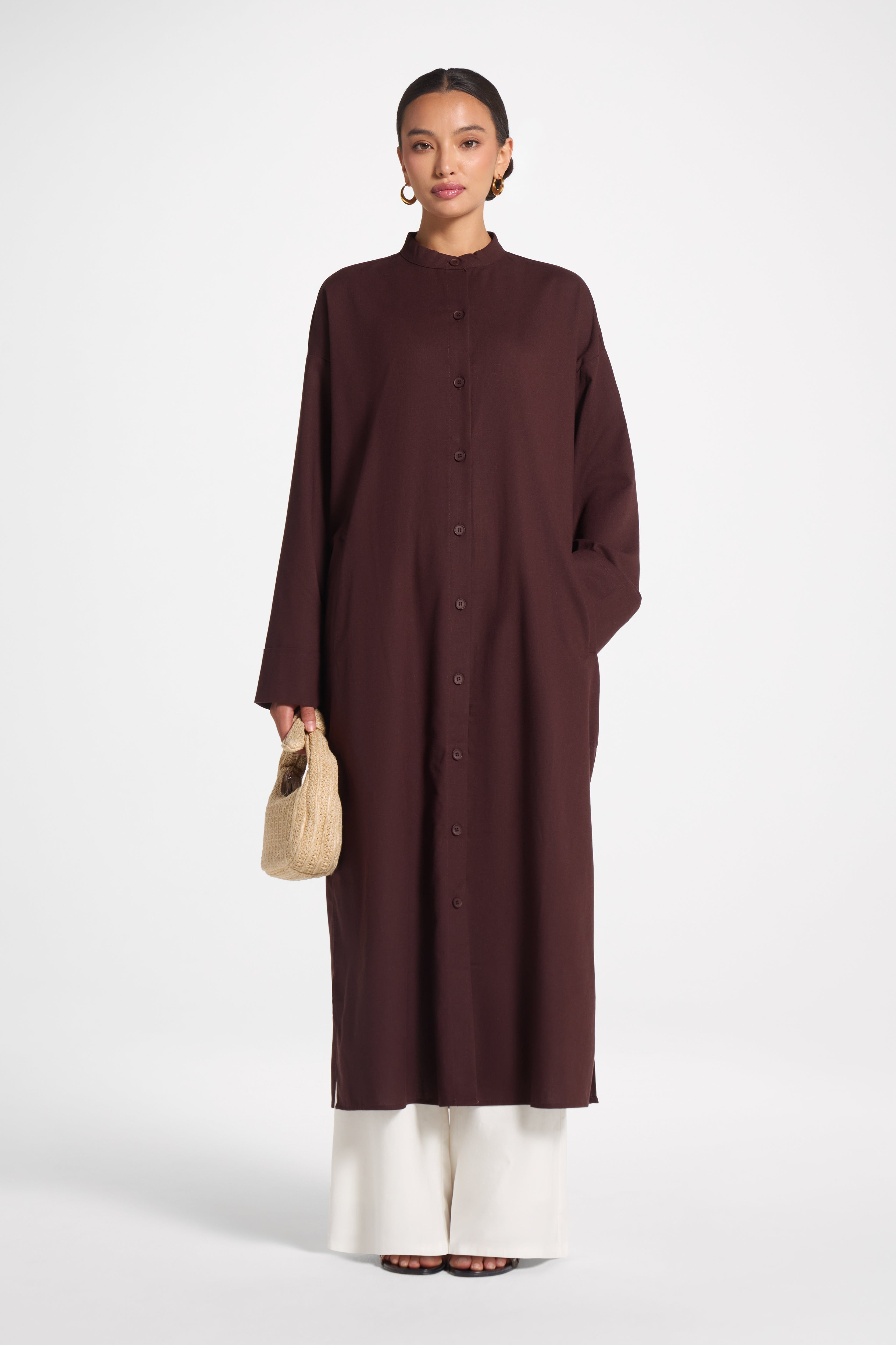 Cotton Linen Button-Up Cardigan Top - Espresso Top Veiled 