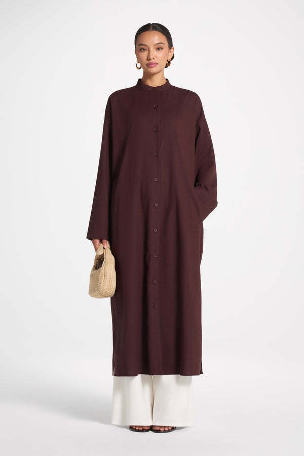 Cotton Linen Button-Up Cardigan Top - Espresso Top Veiled 