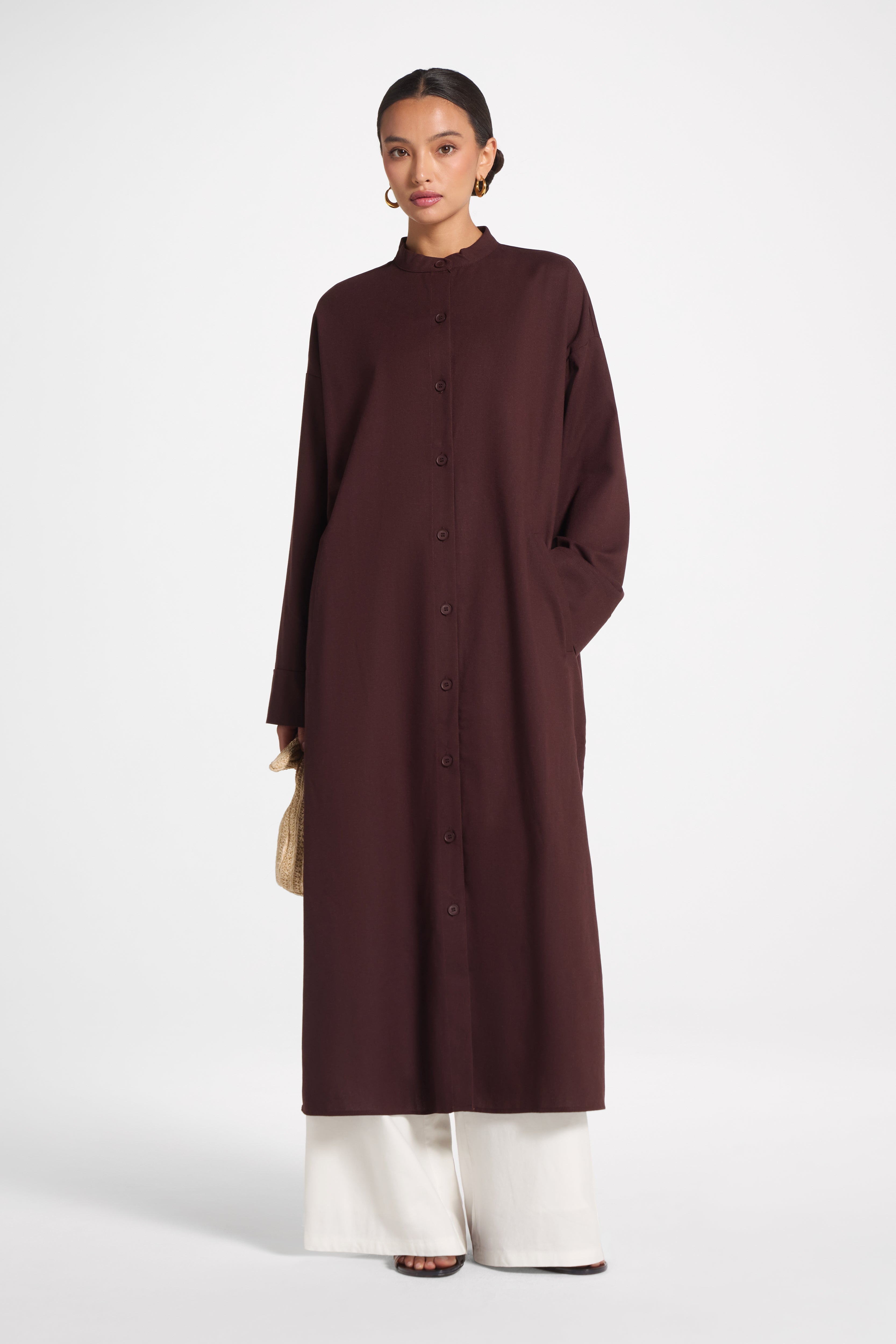 Cotton Linen Button-Up Cardigan Top - Espresso Top Veiled 