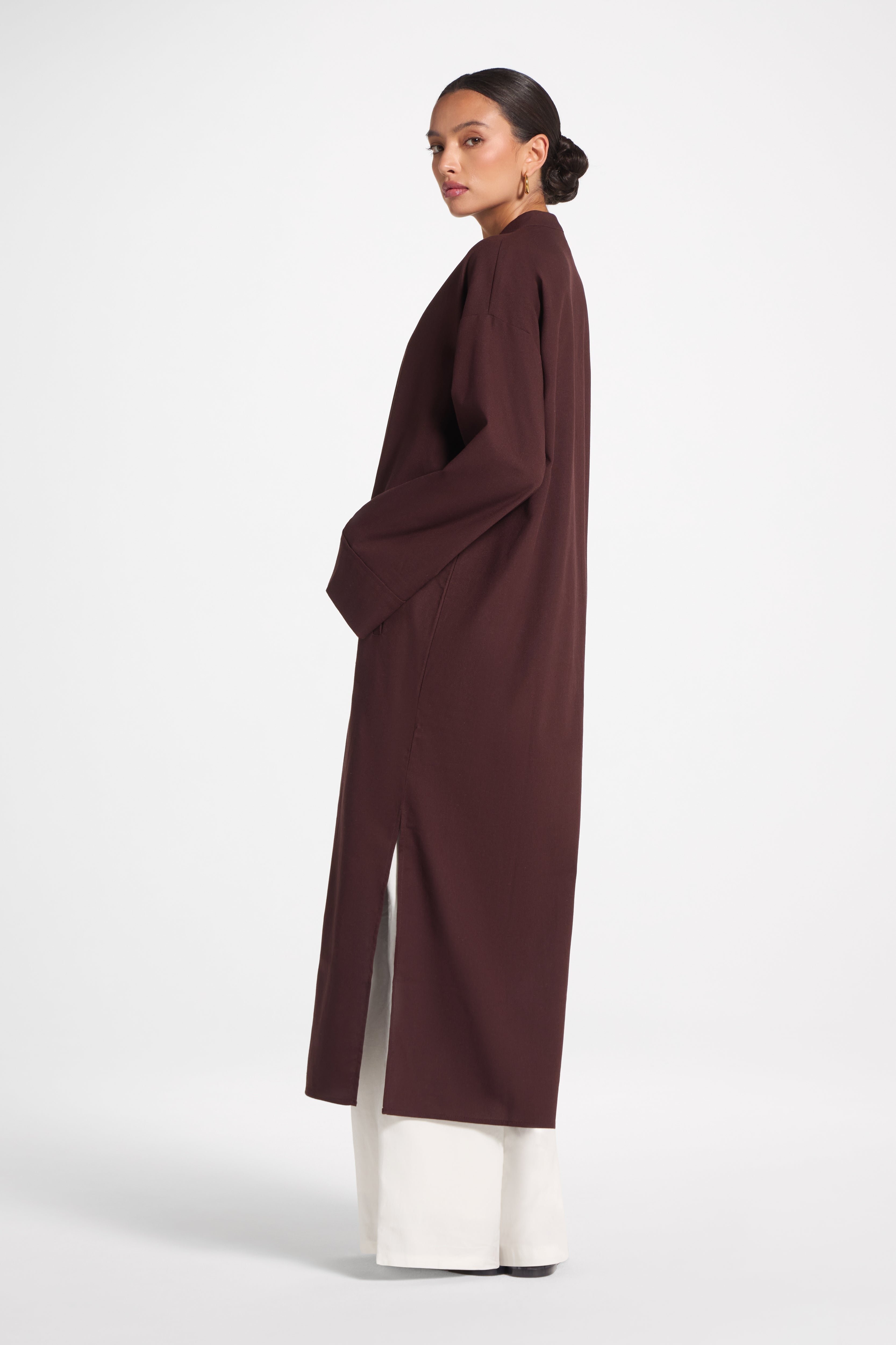 Cotton Linen Button-Up Cardigan Top - Espresso Top Veiled 