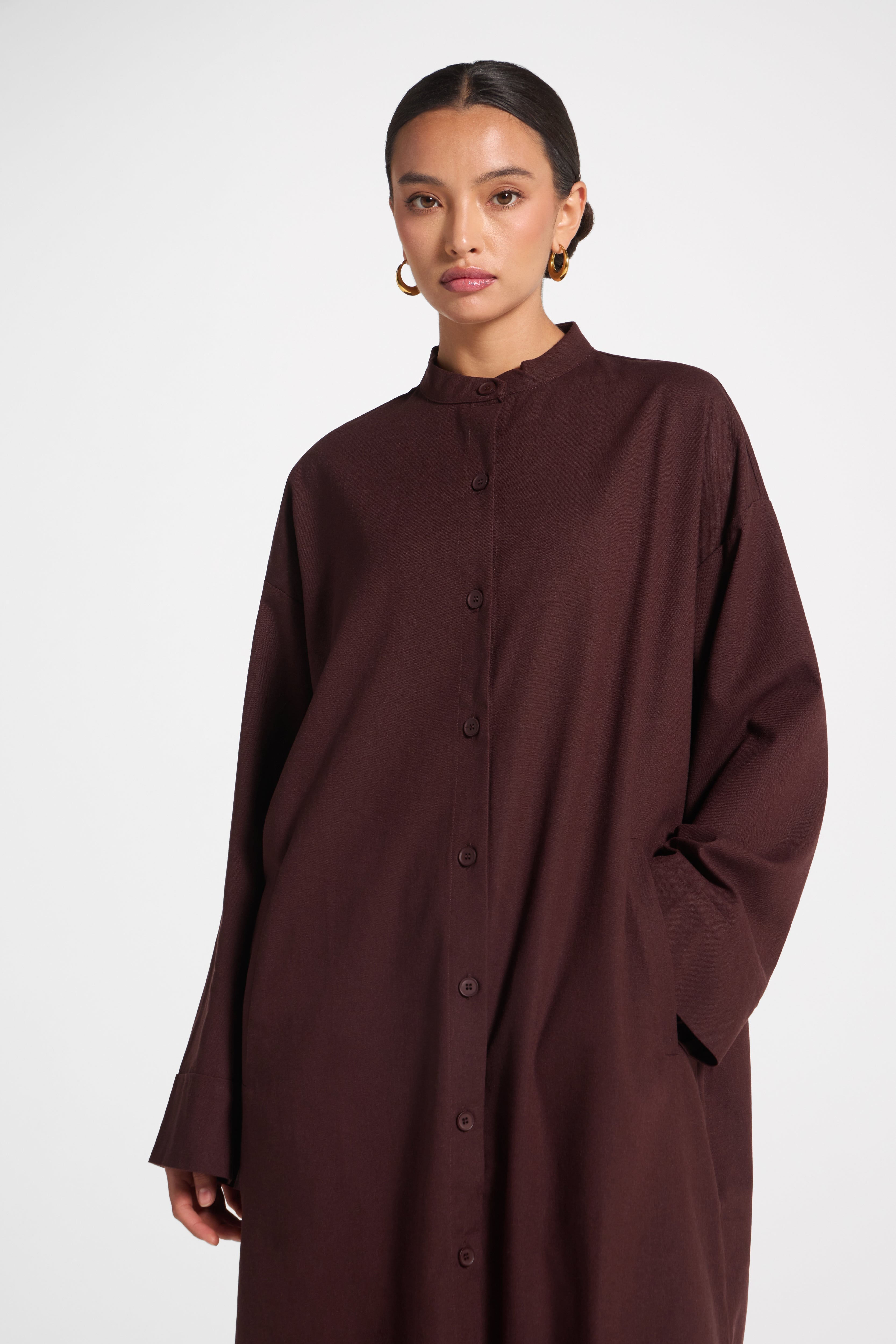 Cotton Linen Button-Up Cardigan Top - Espresso Top Veiled 