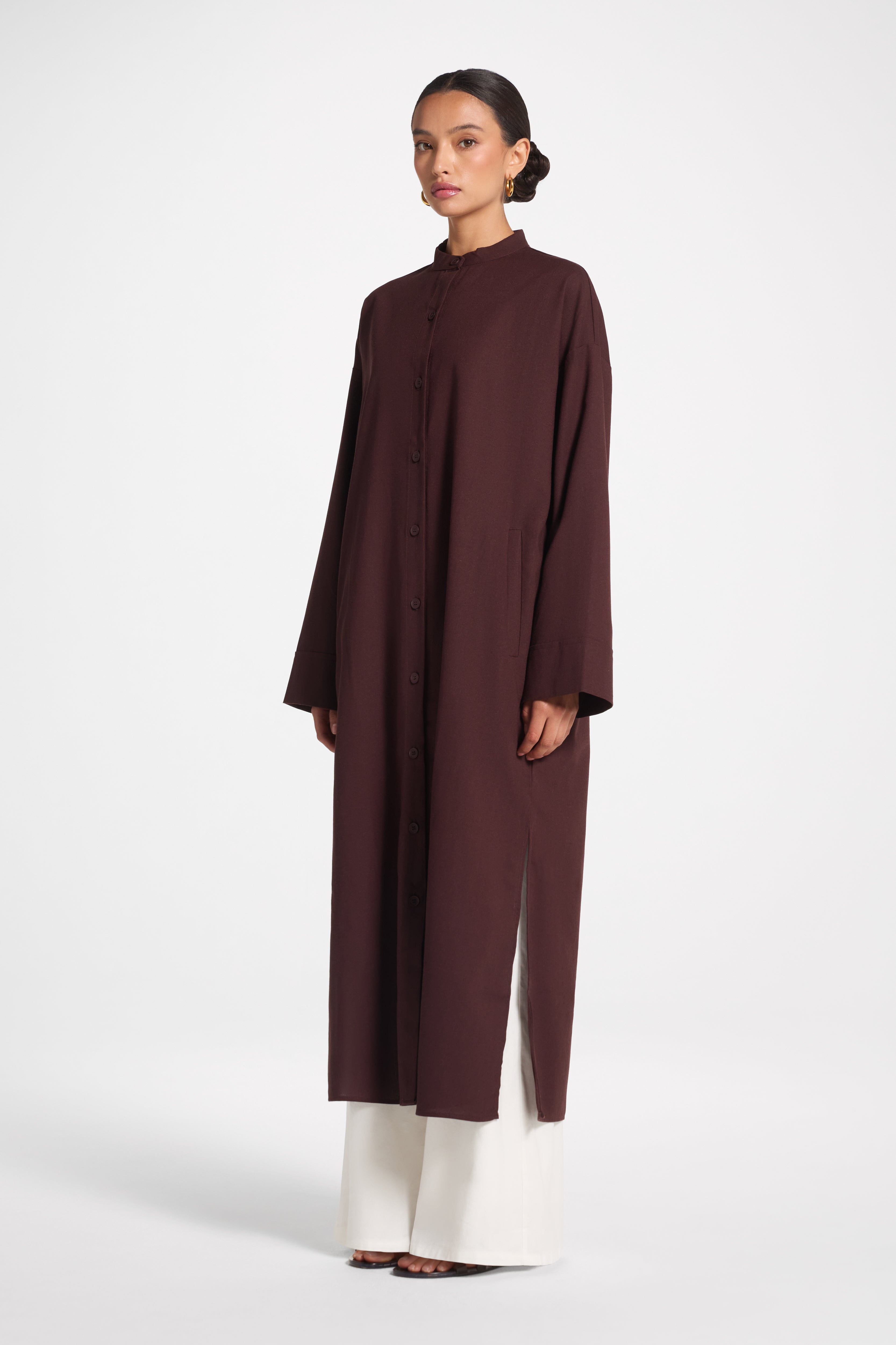 Cotton Linen Button-Up Cardigan Top - Espresso Top Veiled 