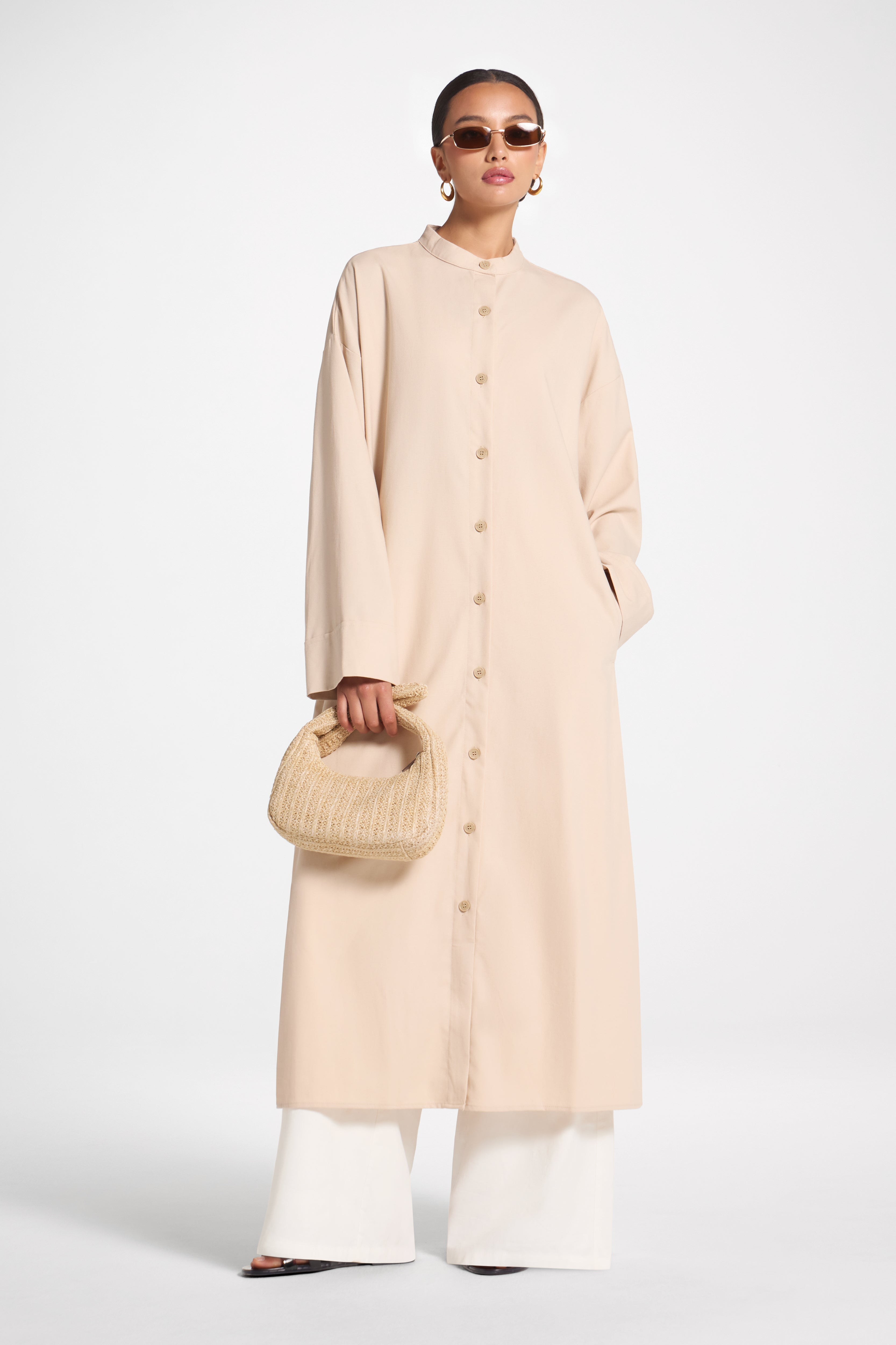 Cotton Linen Button-Up Cardigan Top - Sand Top Veiled 