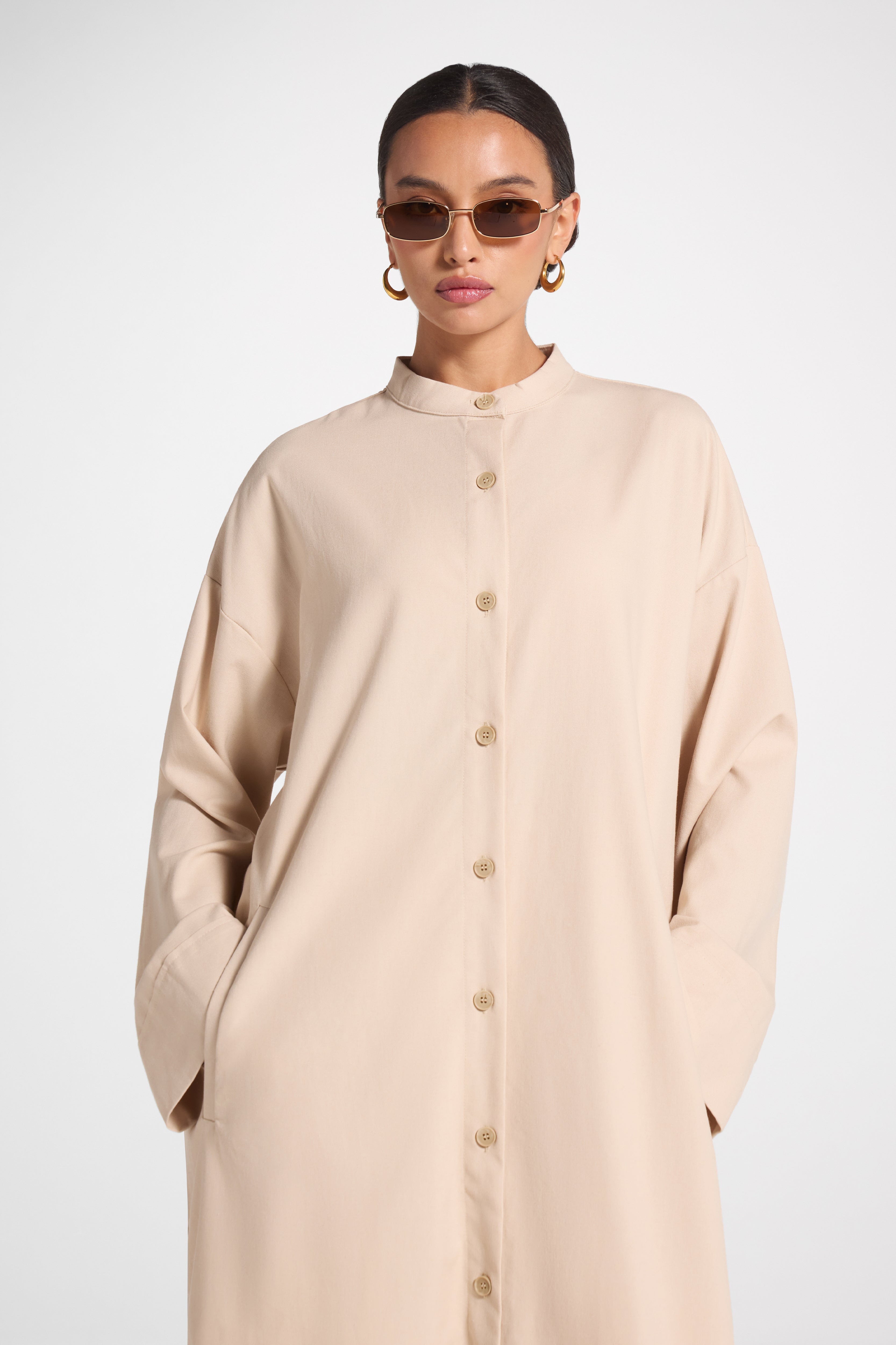 Cotton Linen Button-Up Cardigan Top - Sand Top Veiled 