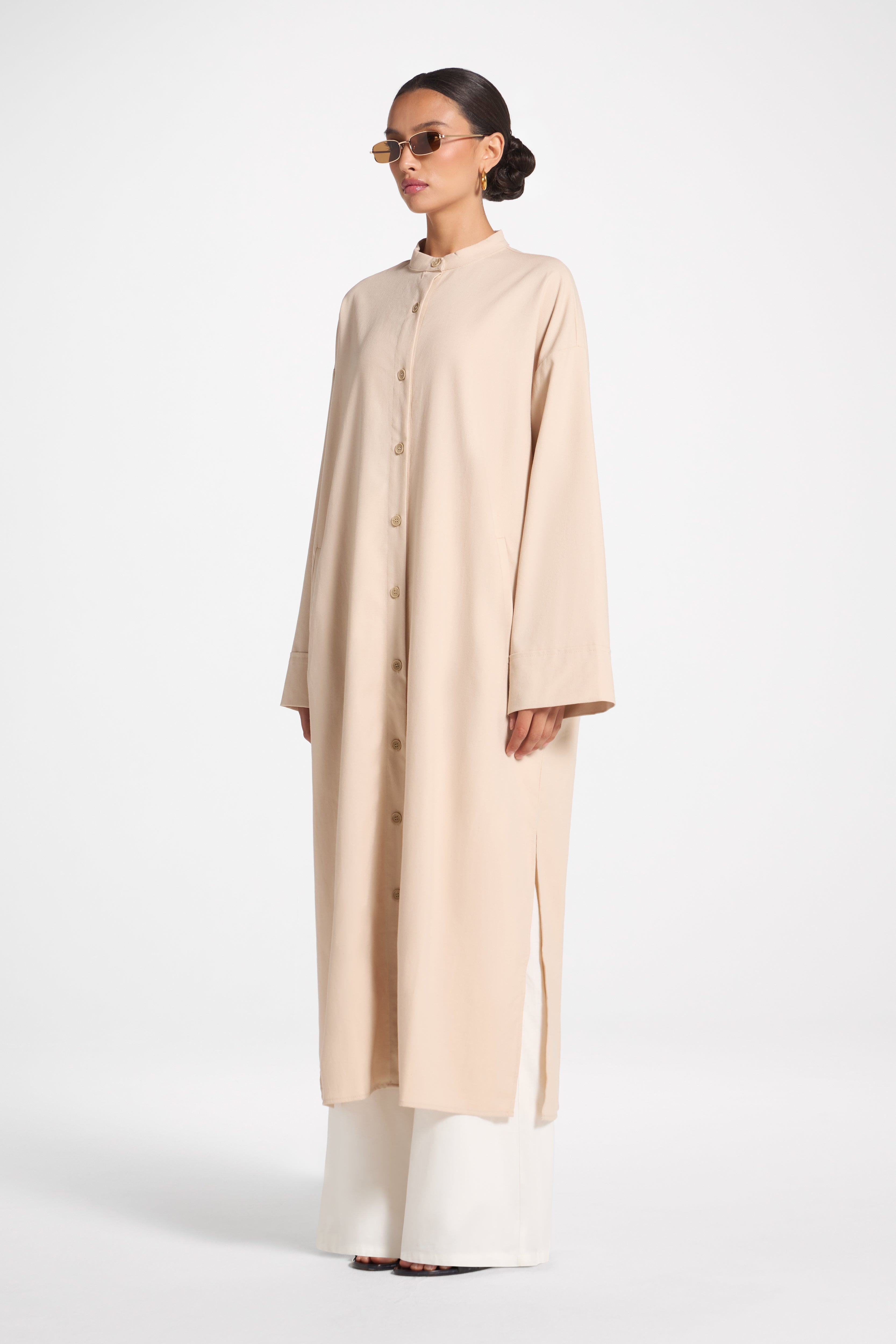 Cotton Linen Button-Up Cardigan Top - Sand Top Veiled 