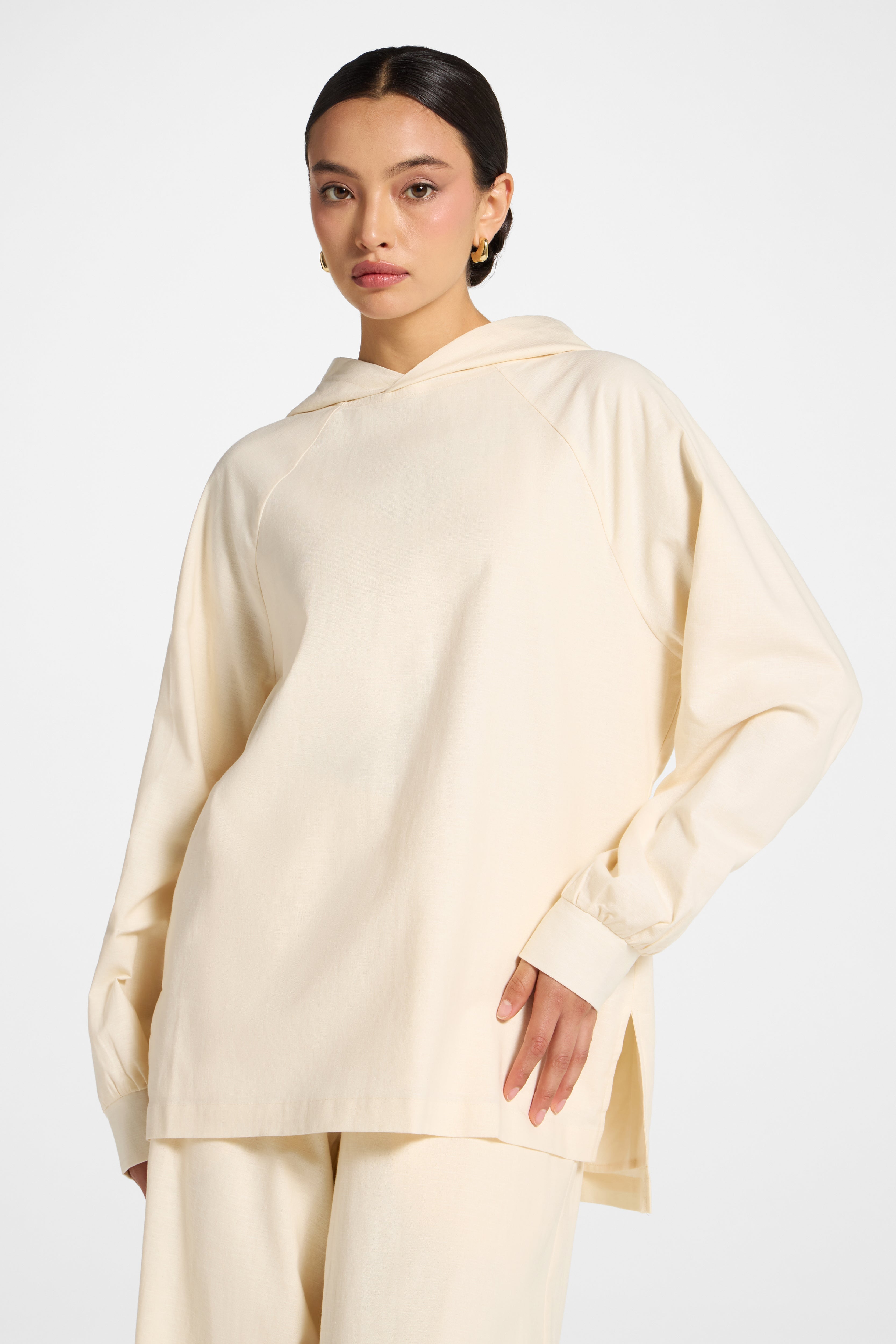 Cotton Linen Hoodie - Off White Abayas Veiled 