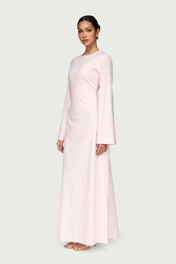 Cotton Linen Lace Up Back Maxi Dress - Hint of Pink Abayas Veiled 