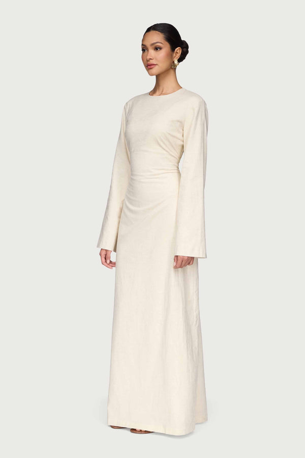 Cotton Linen Lace Up Back Maxi Dress - Oatmeal Abayas Veiled 