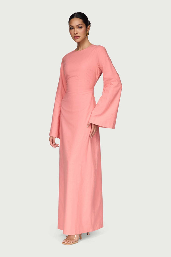 Cotton Linen Lace Up Back Maxi Dress - Summer Coral Abayas Veiled 