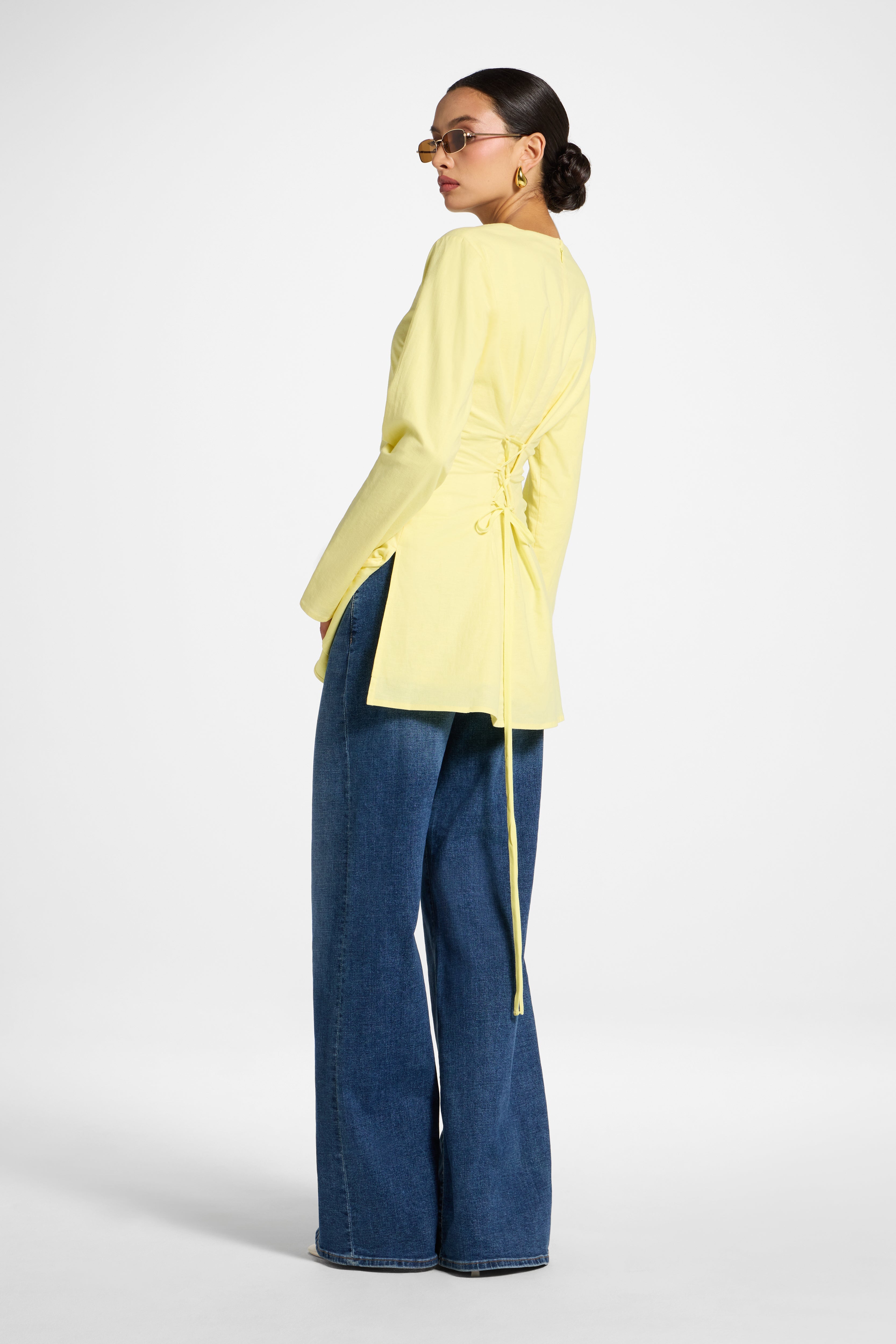 Cotton Linen Lace Up Back Top - Limon Abayas Veiled 
