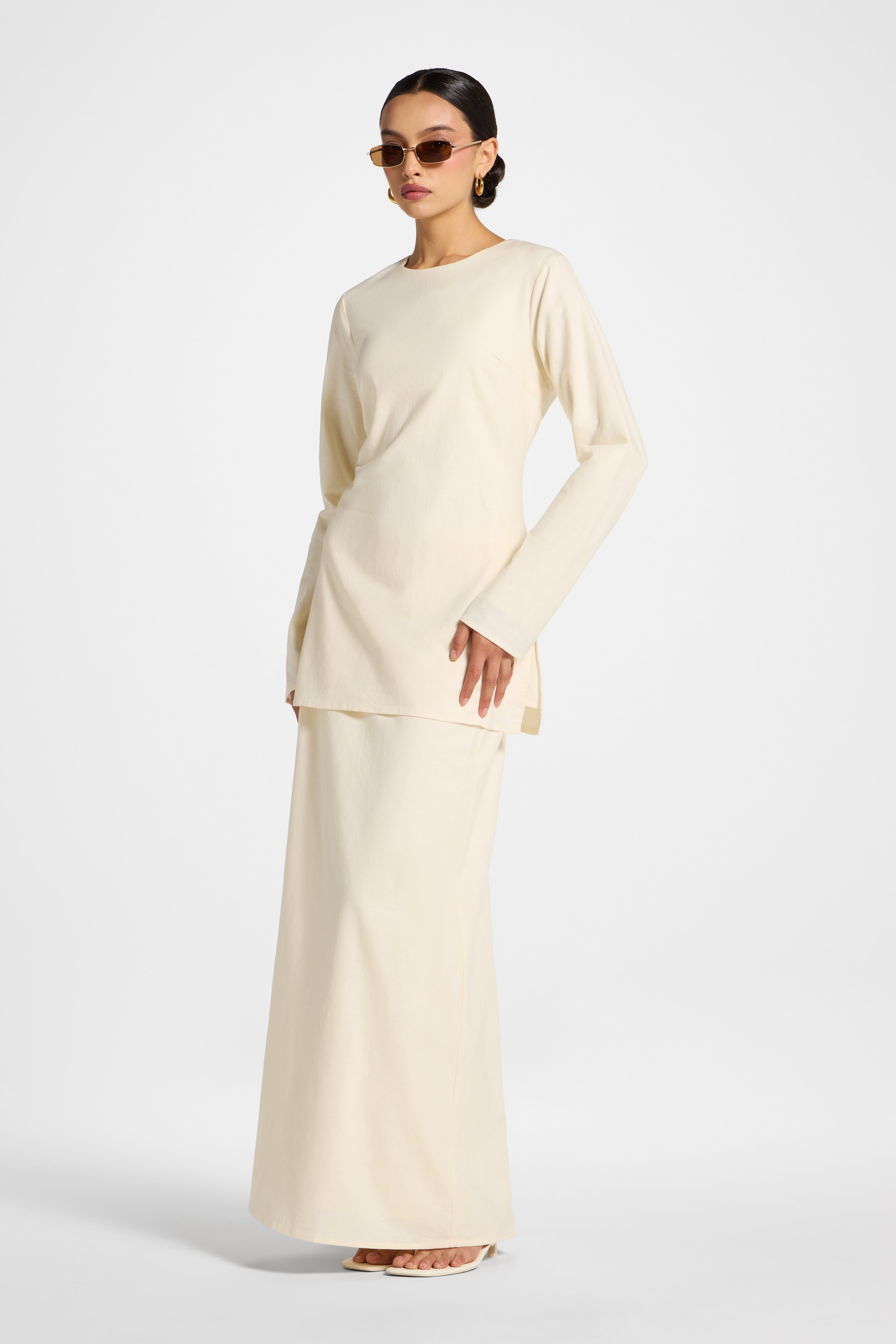 Cotton Linen Lace Up Back Top - Off White Abayas Veiled 
