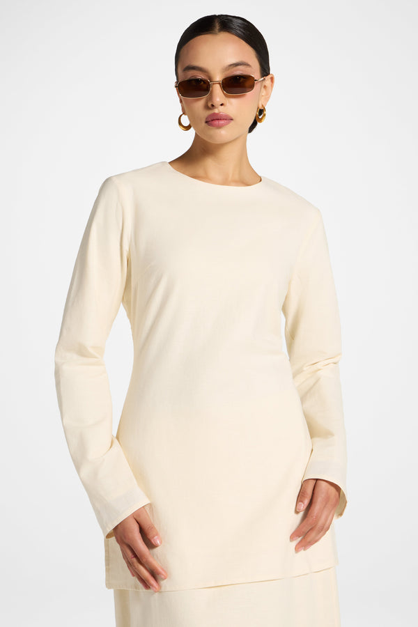 Cotton Linen Lace Up Back Top - Off White Abayas Veiled 