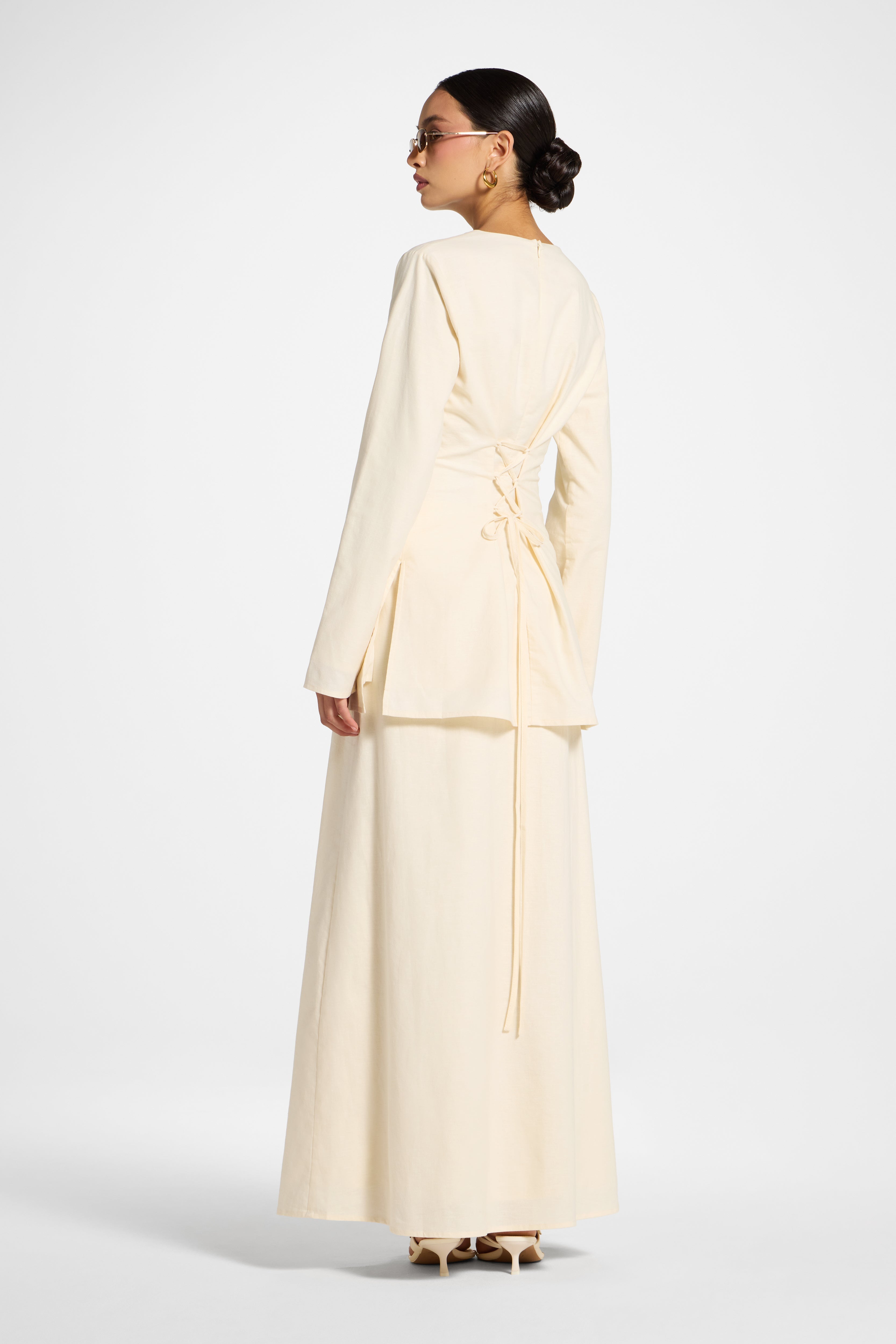 Cotton Linen Lace Up Back Top - Off White Abayas Veiled 
