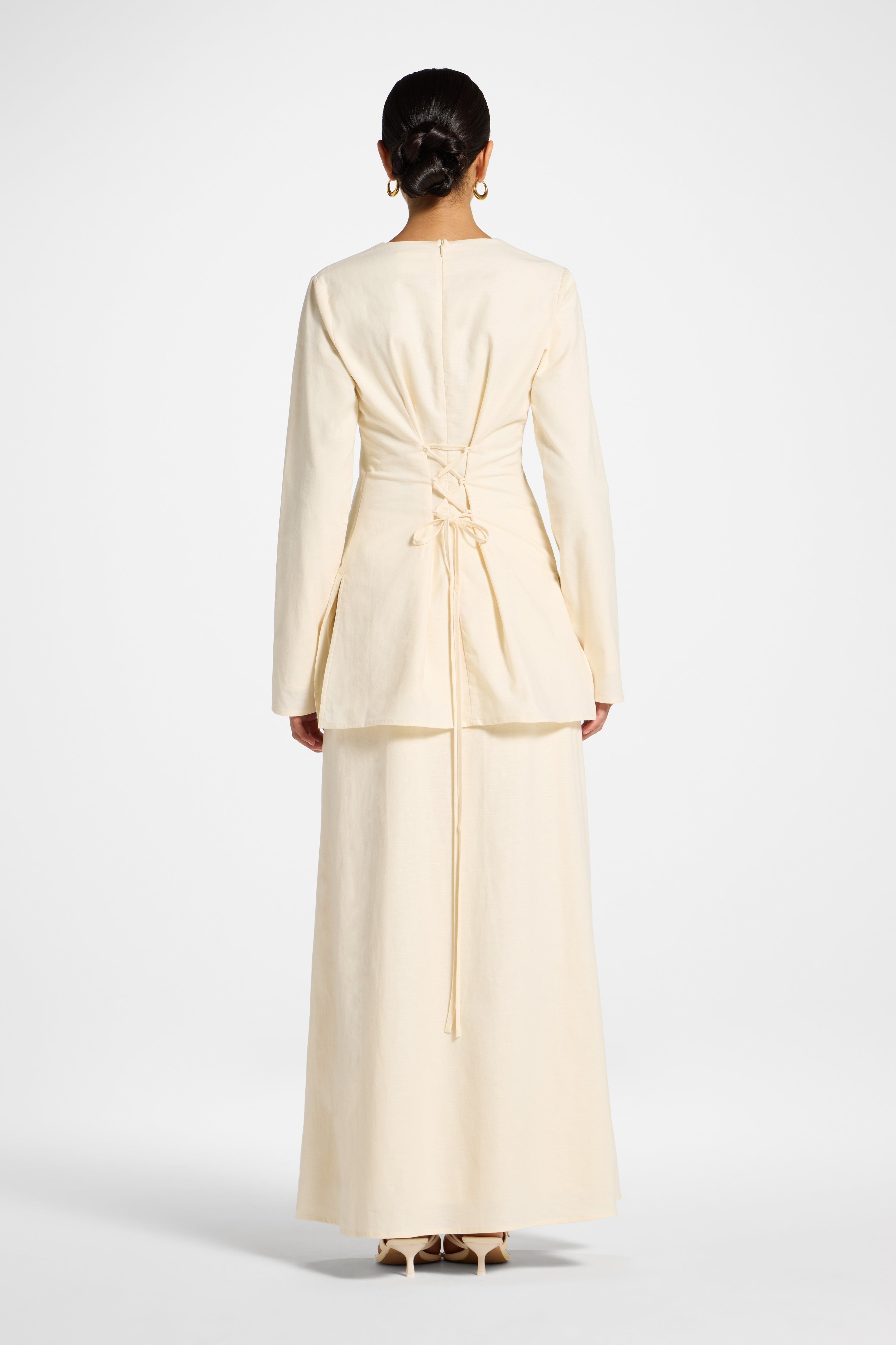 Cotton Linen Lace Up Back Top - Off White Abayas Veiled 