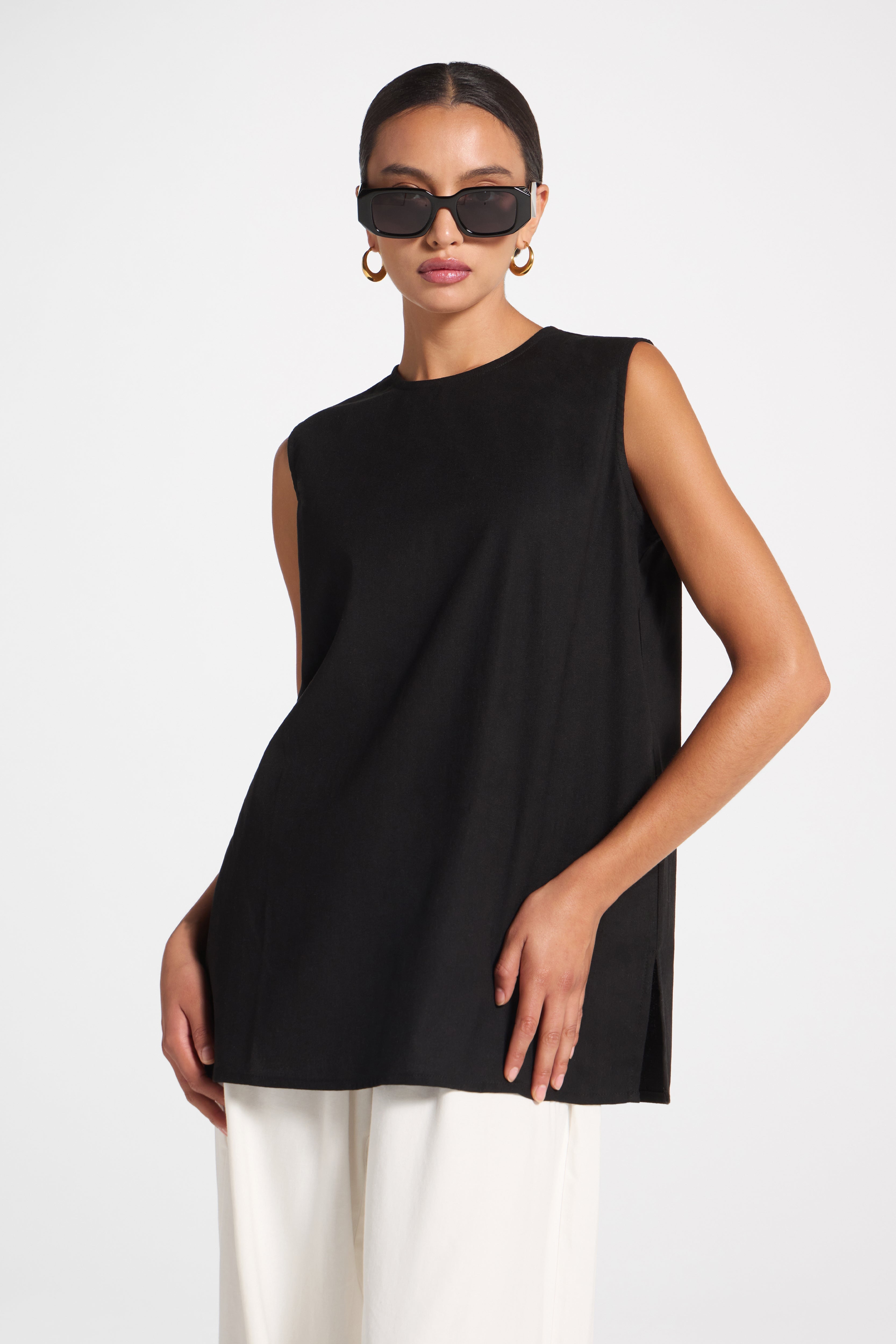 Cotton Linen Tank Top - Black Veiled 