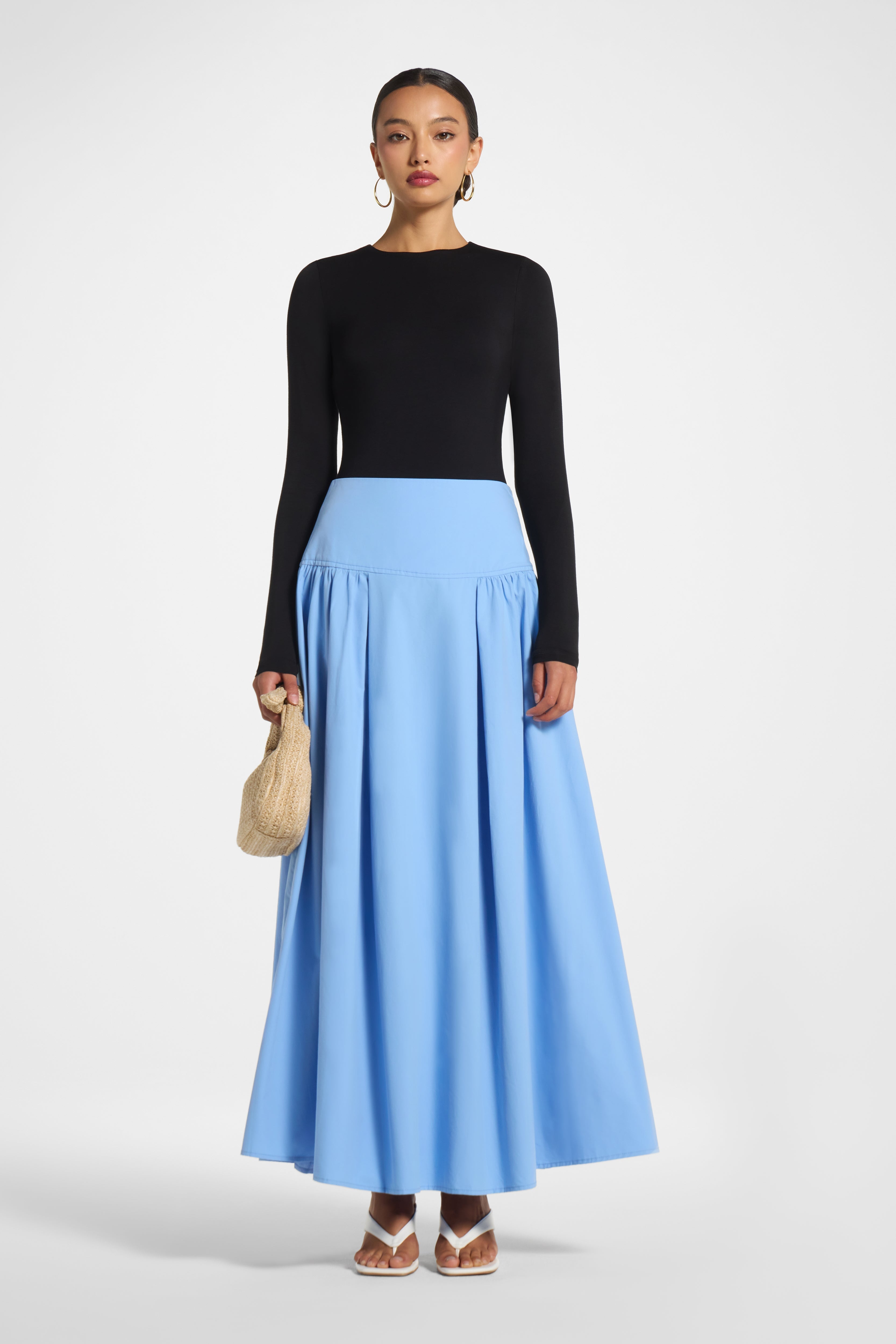 Cotton Wide Yoke Skirt - Blue Skirt Veiled 