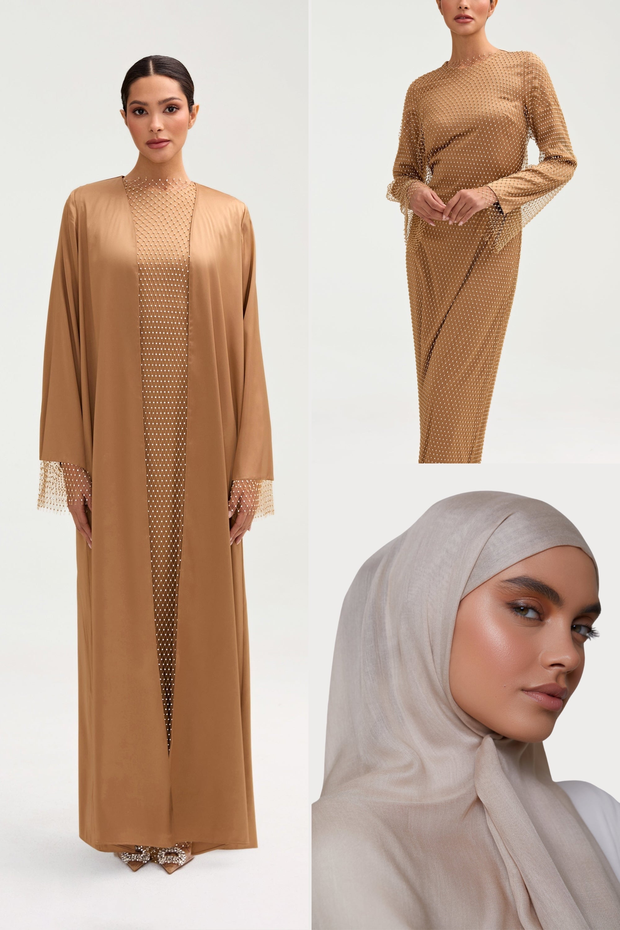 Crystal Satin Abaya & Dress Set & Matching Hijab in Champagne Bundle Set Veiled 