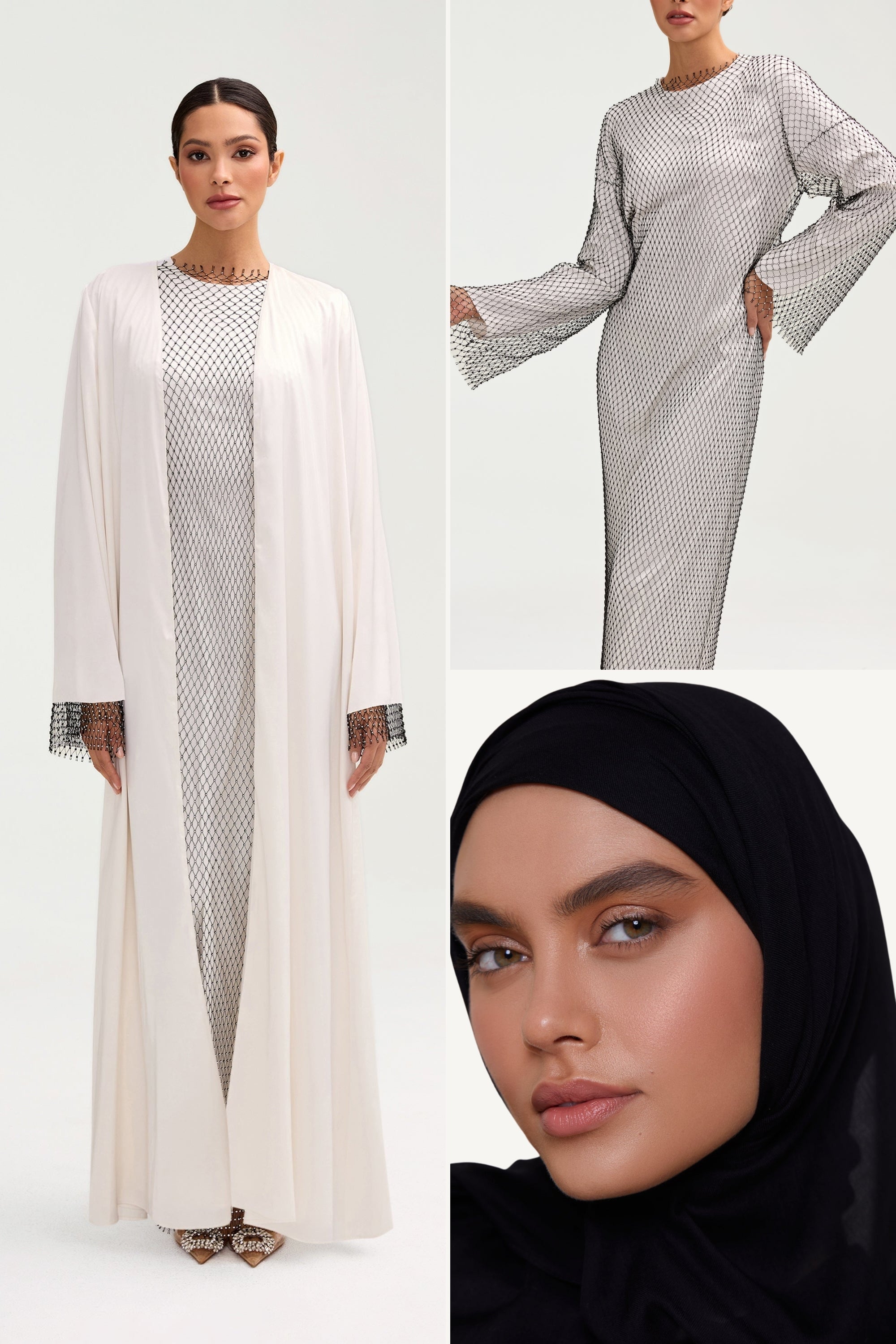 Crystal Satin Abaya & Dress Set & Matching Hijab in White Bundle Set Veiled 