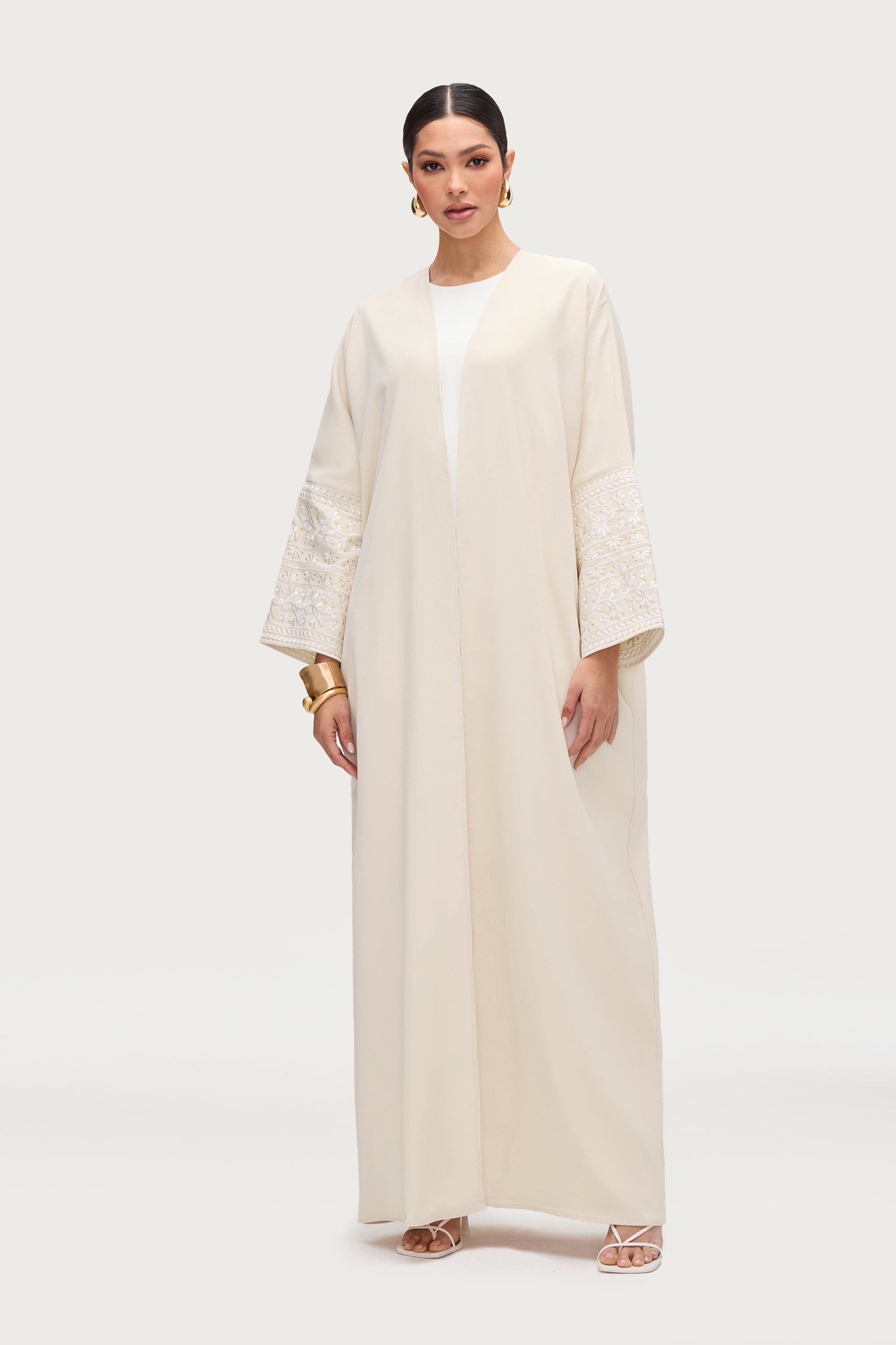 Dalal Embroidered Open Abaya - Cream