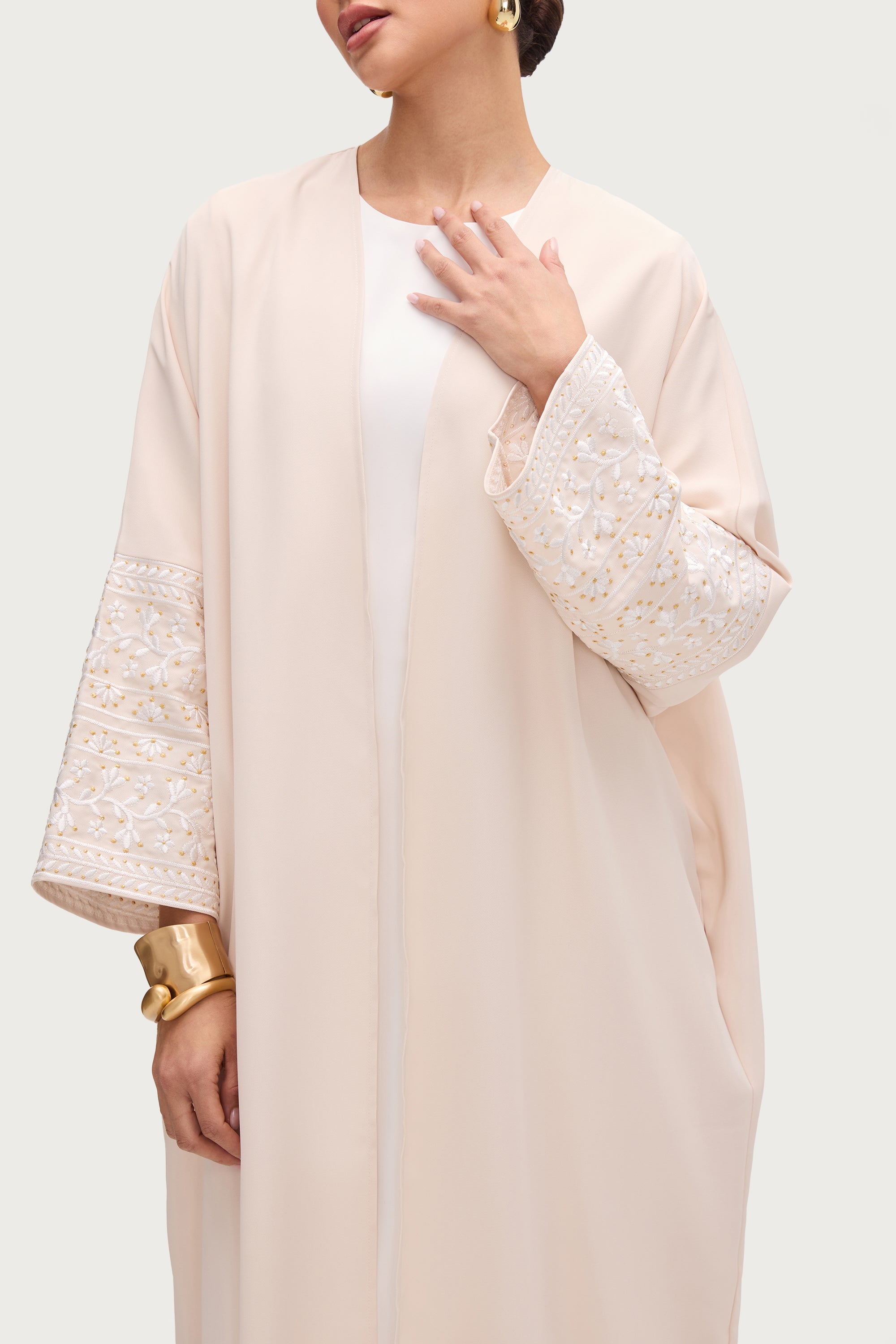 Dalal Embroidered Open Abaya - Cream Abayas Veiled 