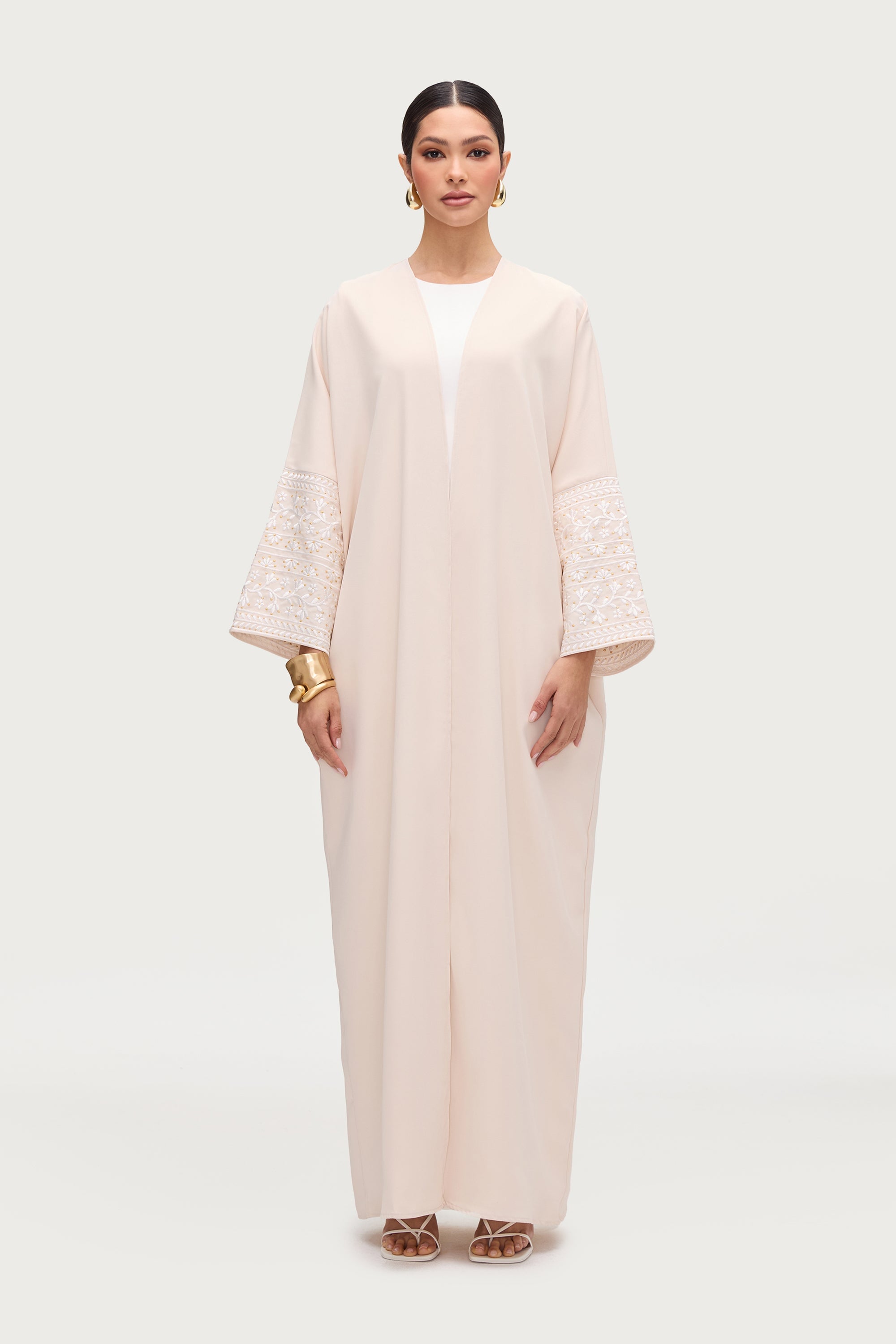 Dalal Embroidered Open Abaya - Cream Abayas Veiled 