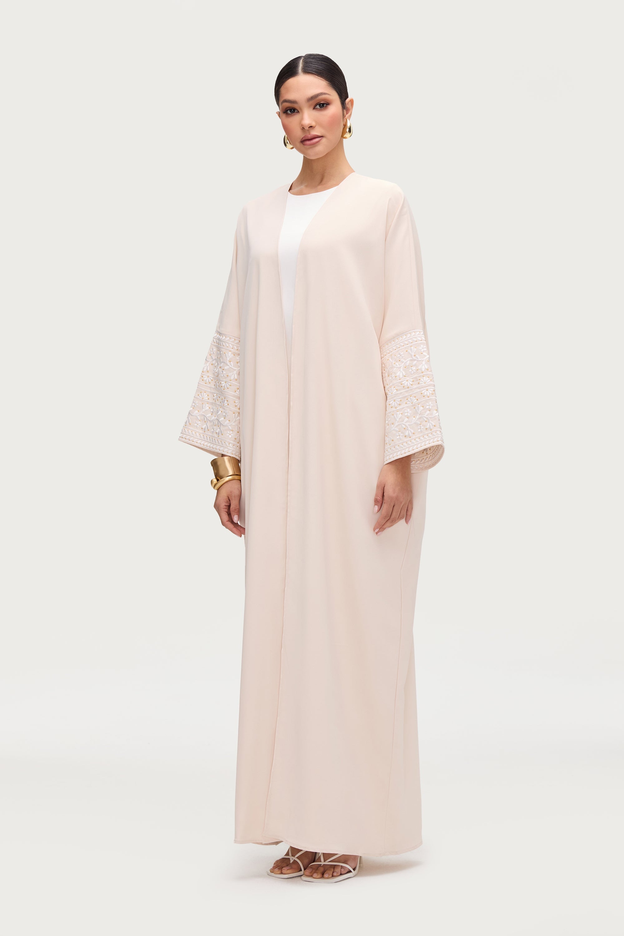 Dalal Embroidered Open Abaya - Cream Abayas Veiled 