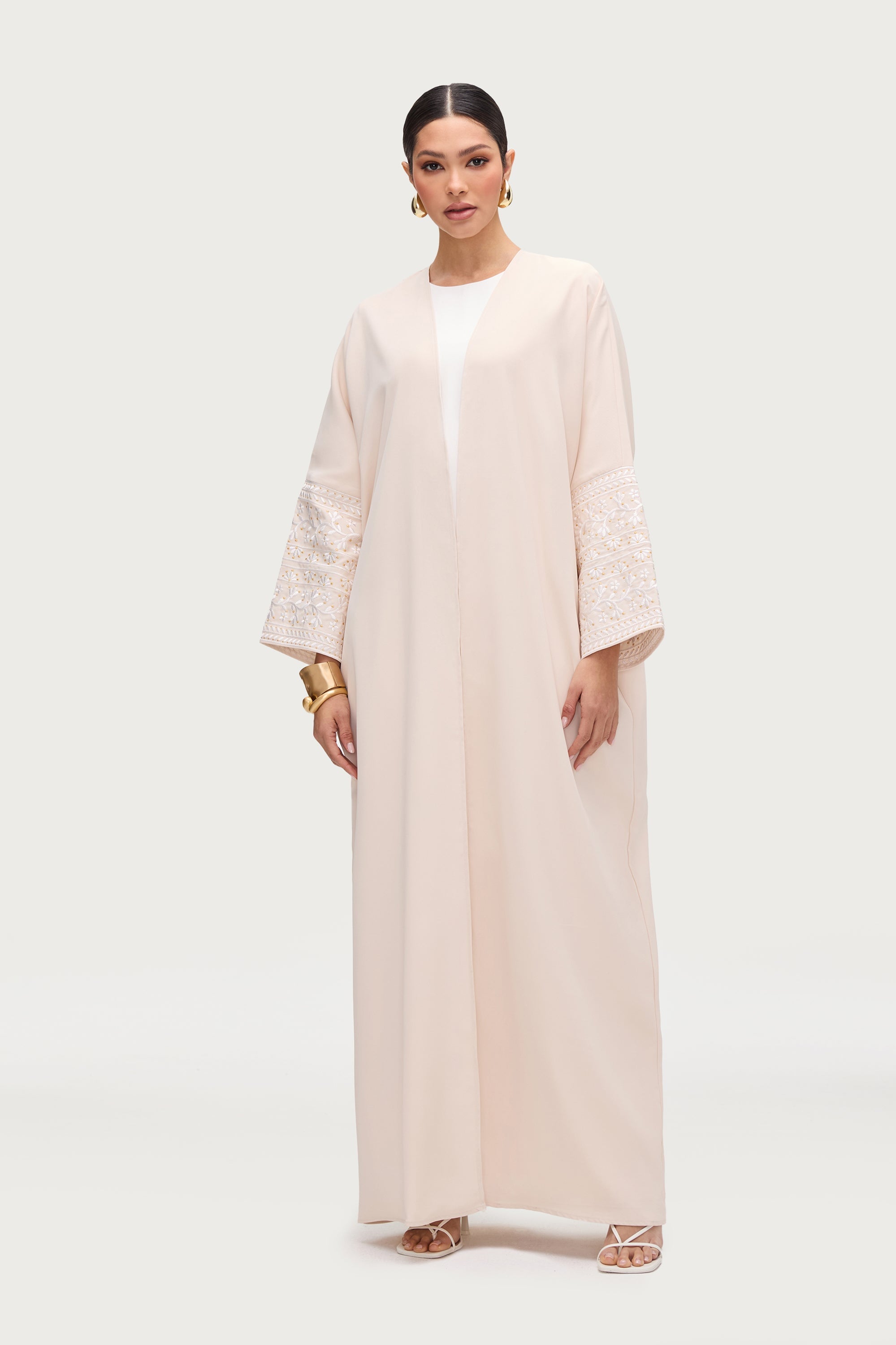 Dalal Embroidered Open Abaya - Cream Abayas Veiled 