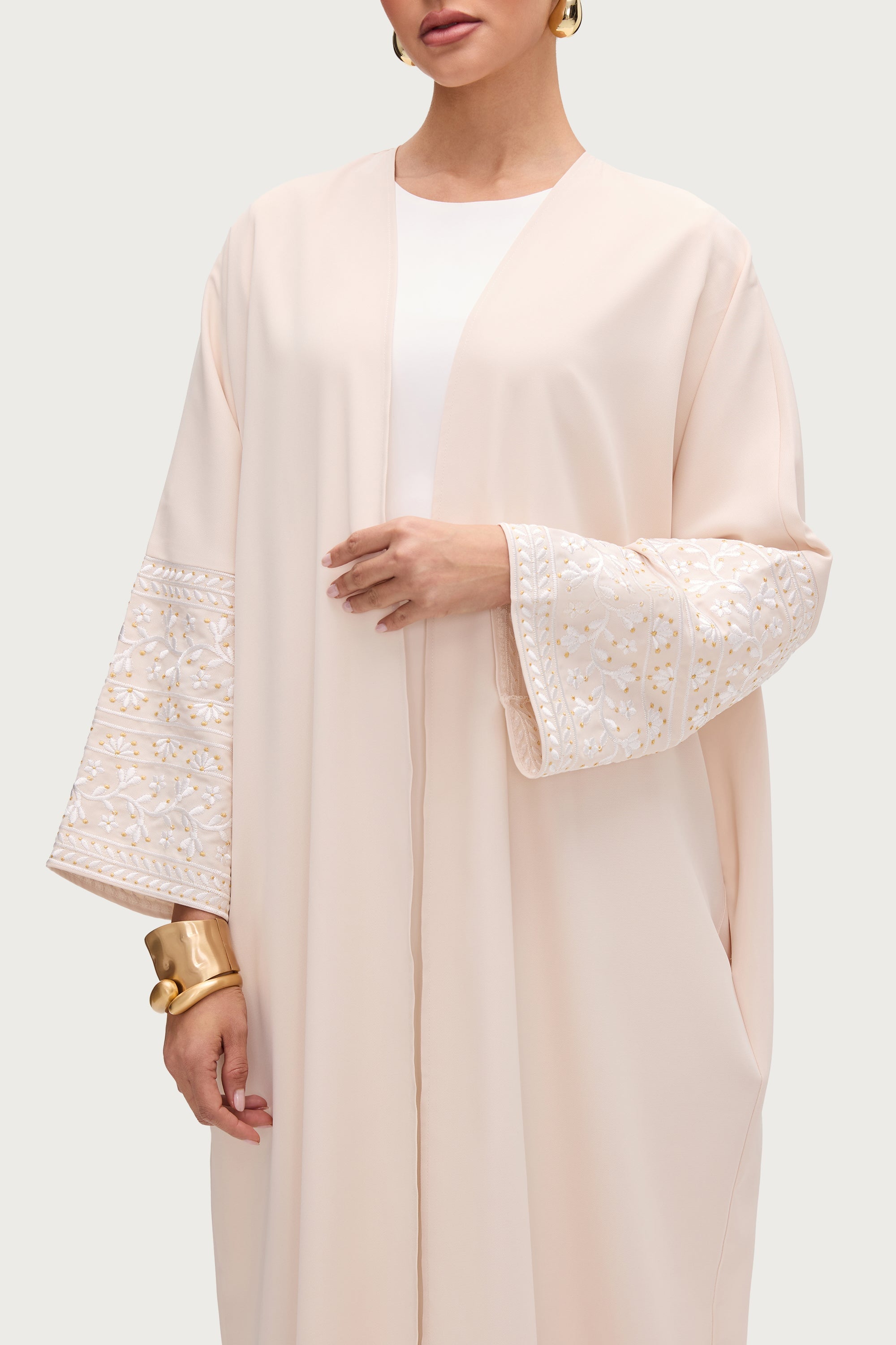 Dalal Embroidered Open Abaya - Cream Abayas Veiled 