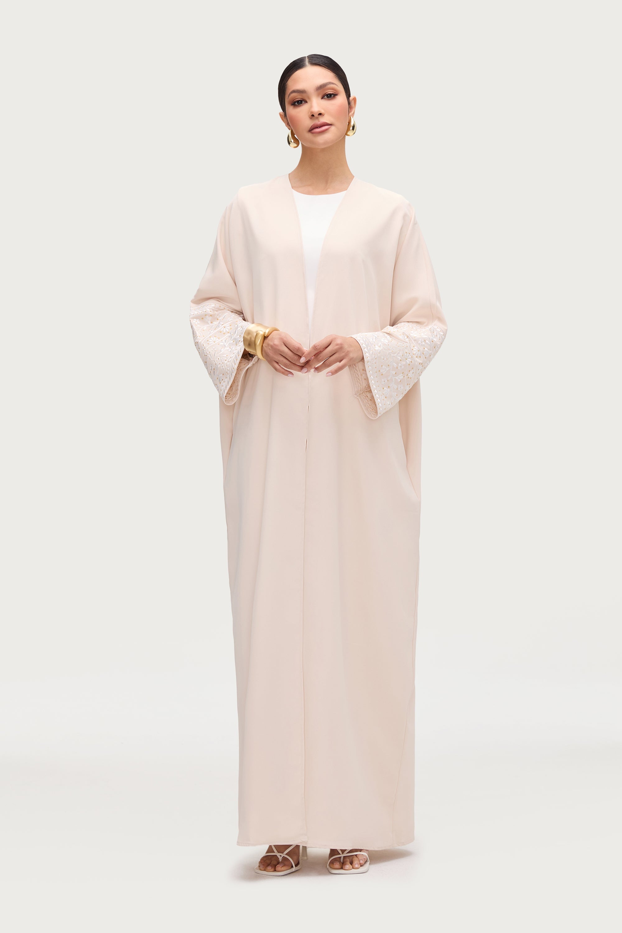 Dalal Embroidered Open Abaya - Cream Abayas Veiled 