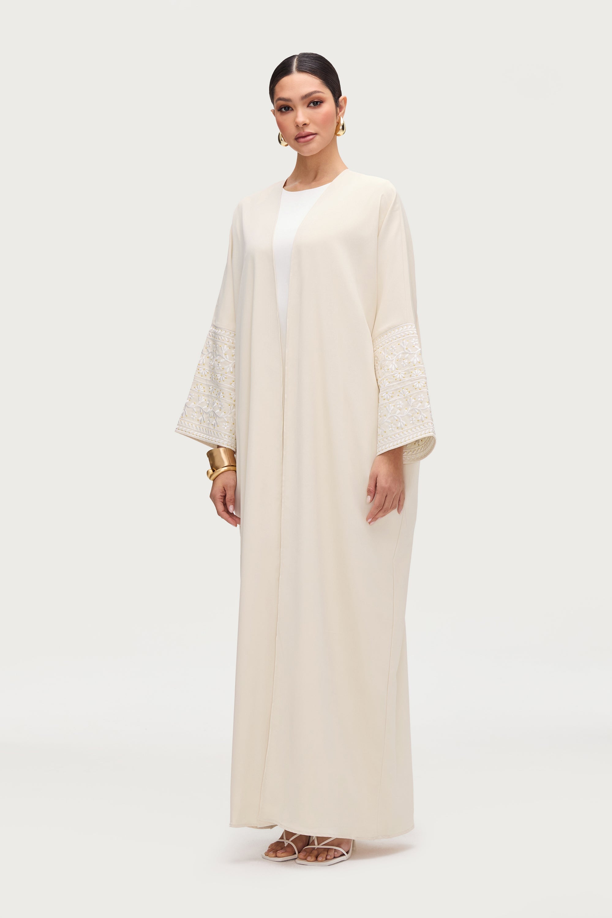 Dalal Embroidered Open Abaya - Cream