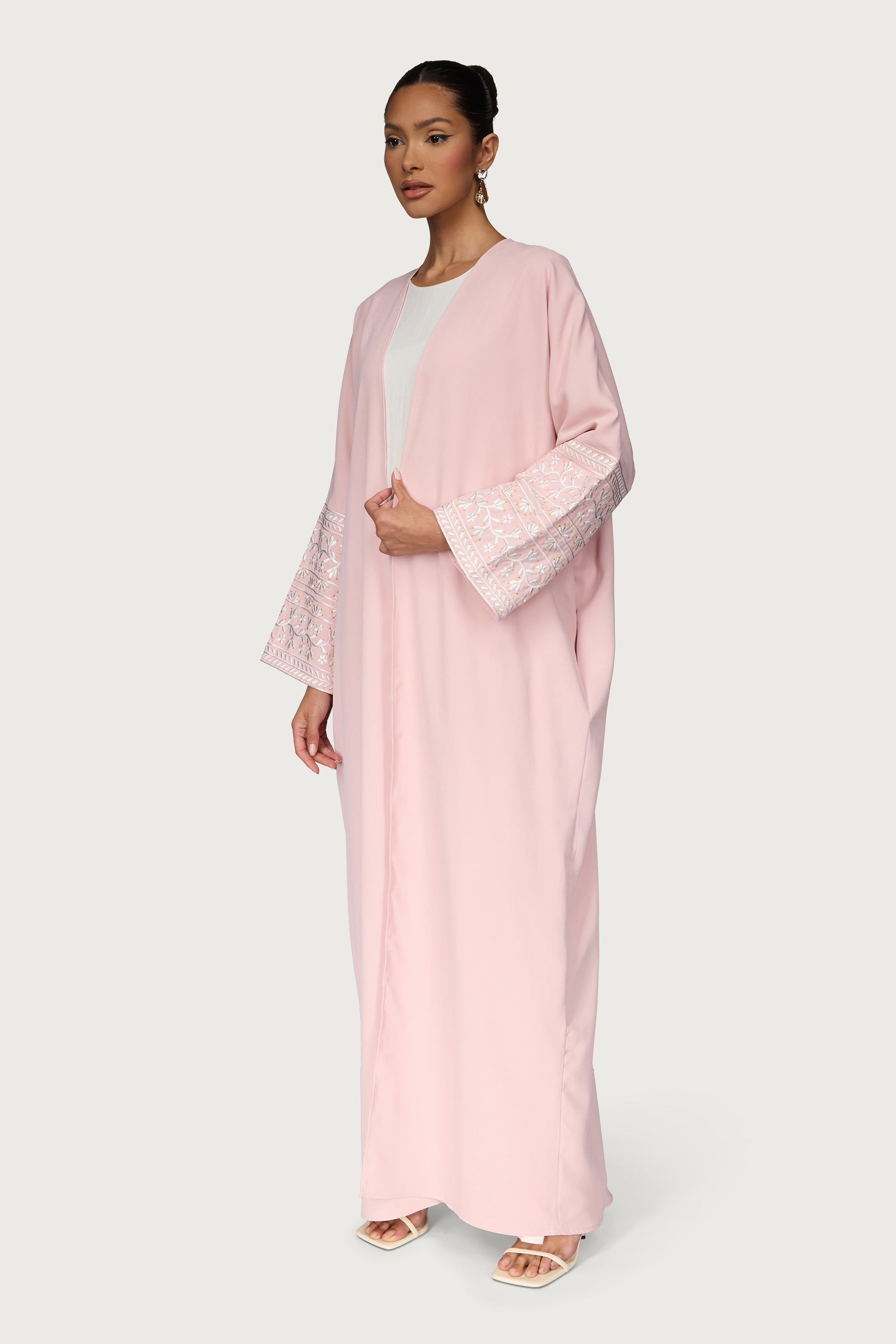 Dalal Embroidered Open Abaya - Pastel Pink Abayas Veiled 