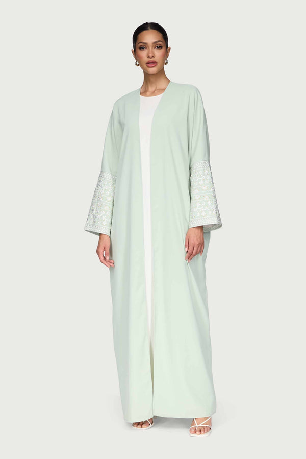 Dalal Embroidered Open Abaya - Pistachio Abayas Veiled 