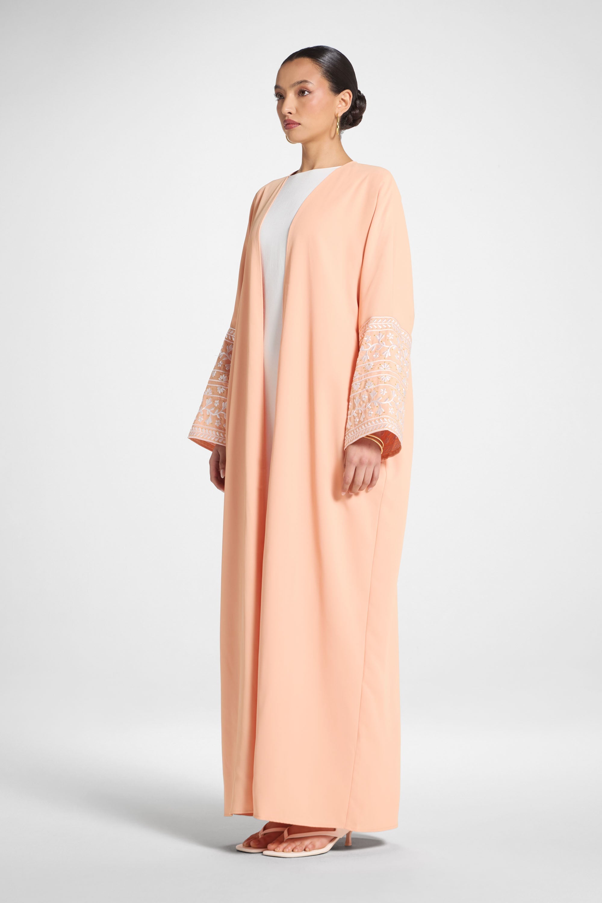 Dalal Embroidered Open Abaya - Summer Peach Abayas Veiled 