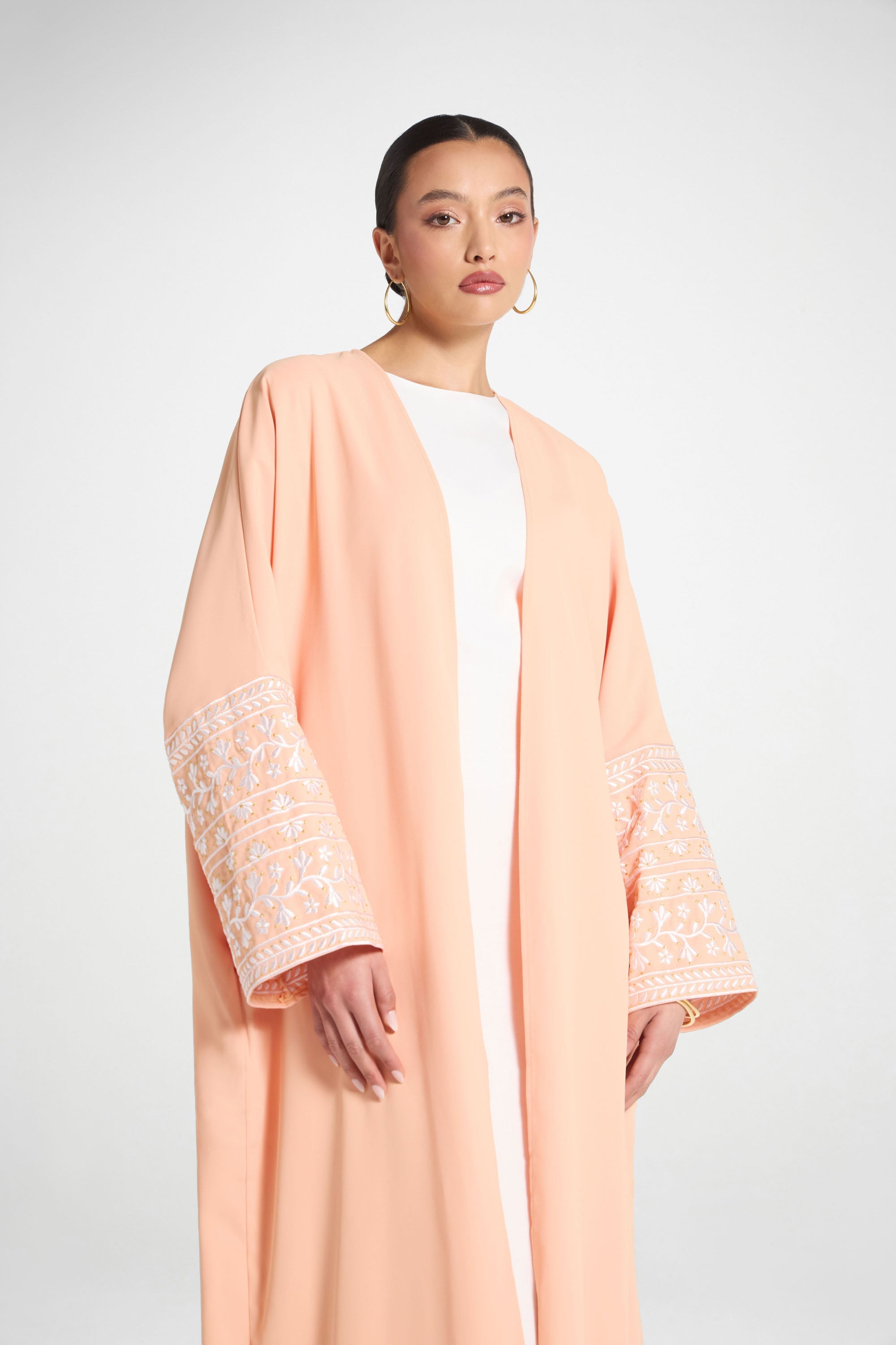 Dalal Embroidered Open Abaya - Summer Peach Abayas Veiled 