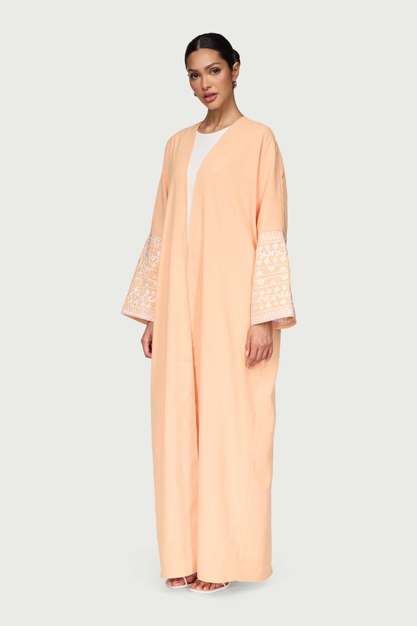 Dalal Embroidered Open Abaya - Summer Peach Abayas Veiled 