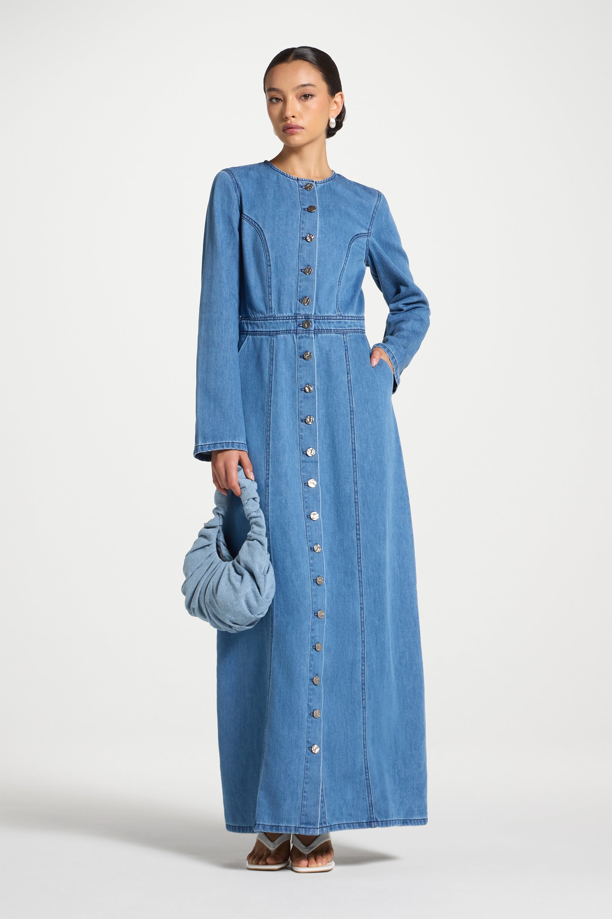 Denim Button Down Maxi Dress Abayas Veiled 