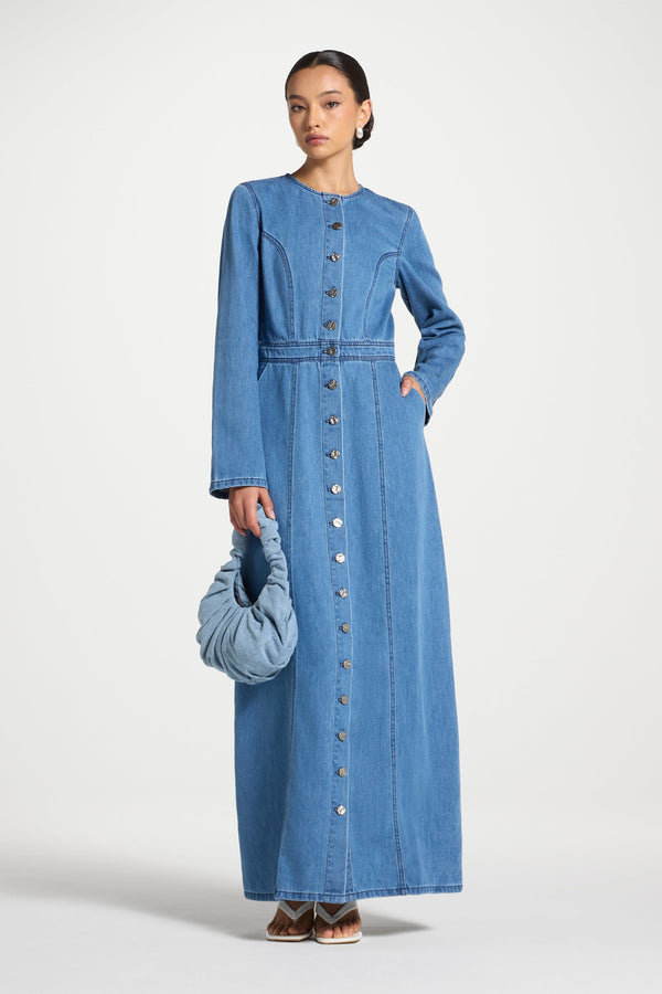 Denim Button Down Maxi Dress Abayas Veiled 