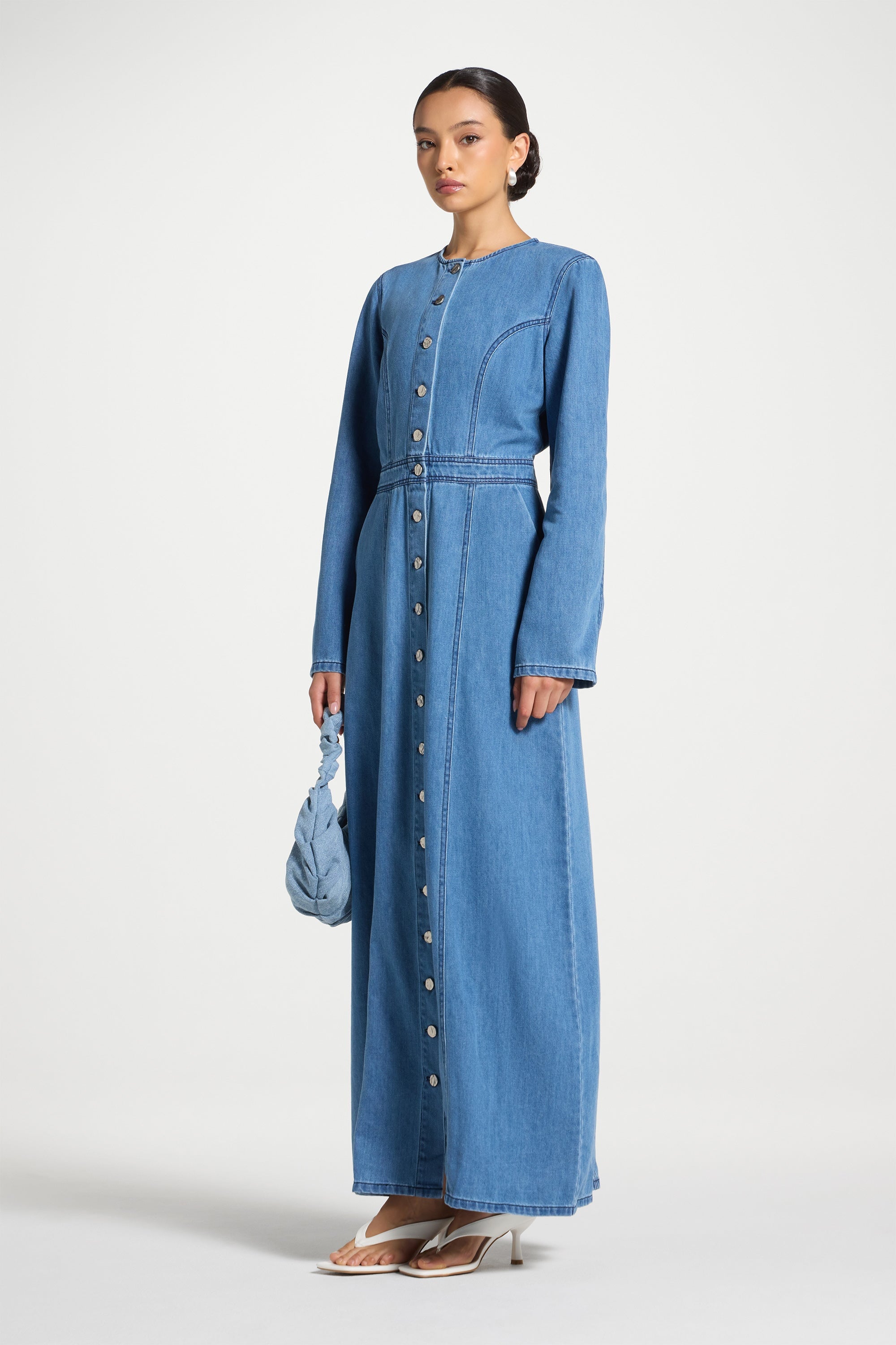 Denim Button Down Maxi Dress Abayas Veiled 