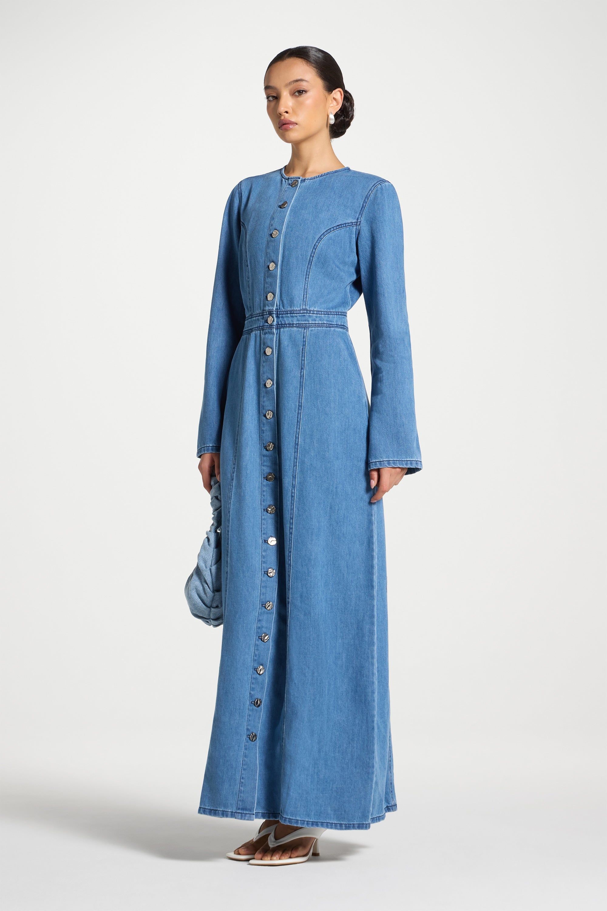 Denim Button Down Maxi Dress Abayas Veiled 