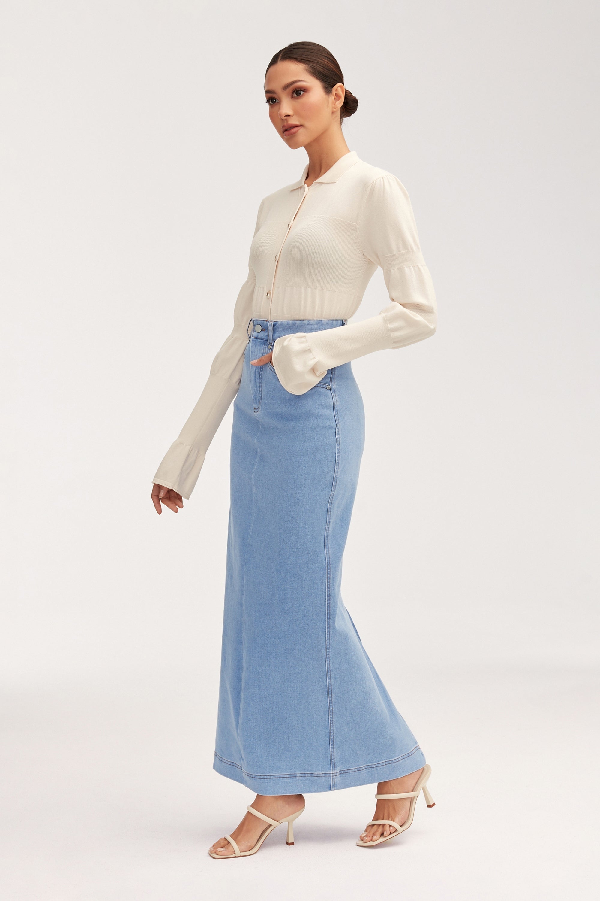 Denim Maxi Skirt - Light Wash Clothing Veiled 