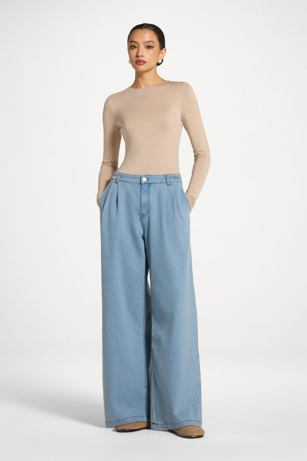 Denim Twin Pleat Pants - Light Wash Abayas Veiled 
