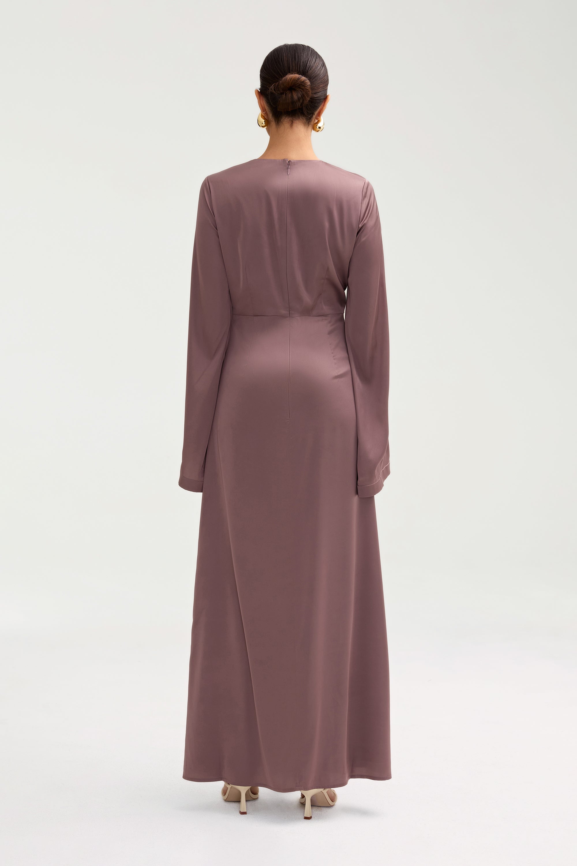Duha Satin Twist Front Maxi Dress - Deep Taupe Clothing Veiled 