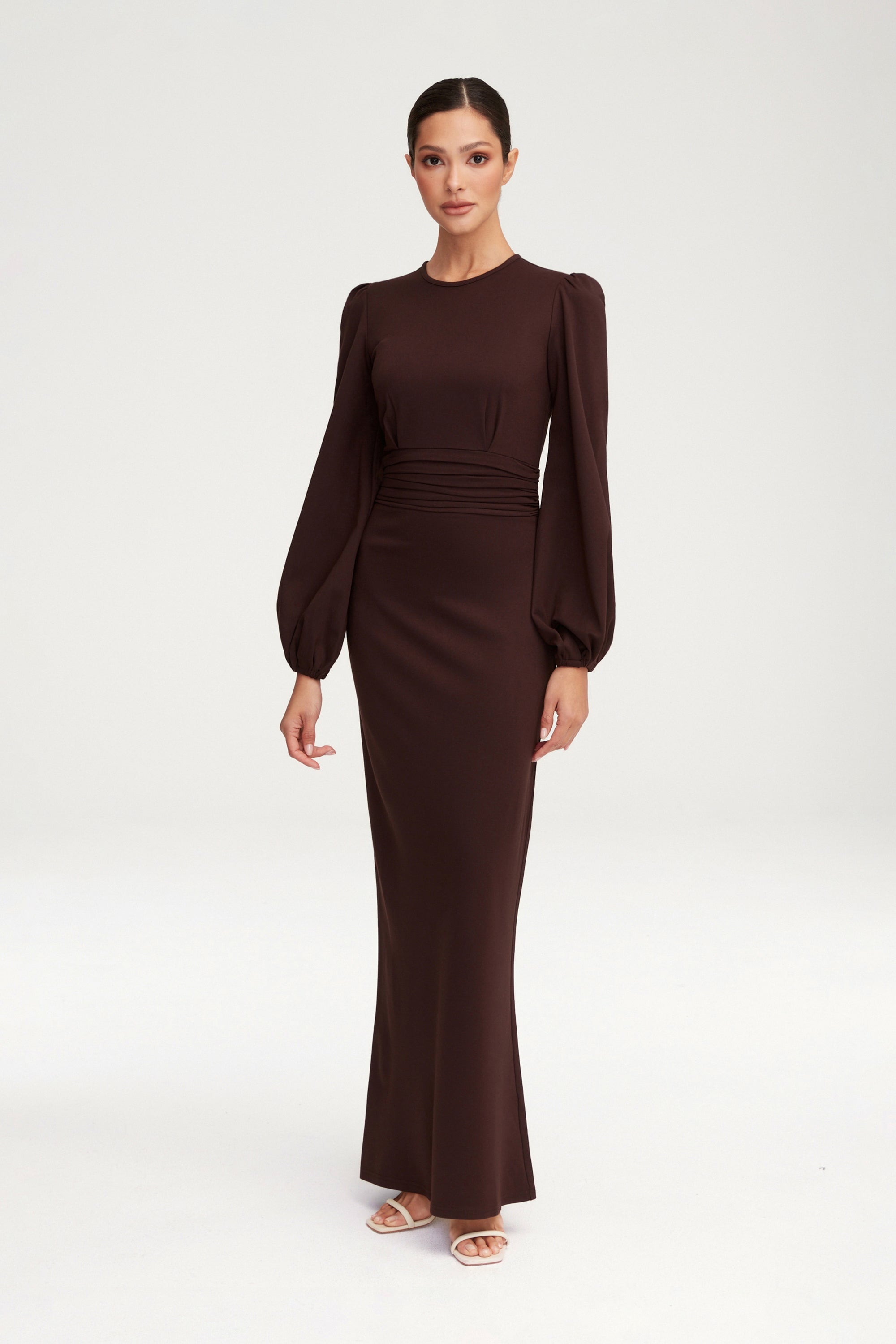 Elisa Jersey Rouched Waist Maxi Dress - Dark Brown Clothing Veiled 