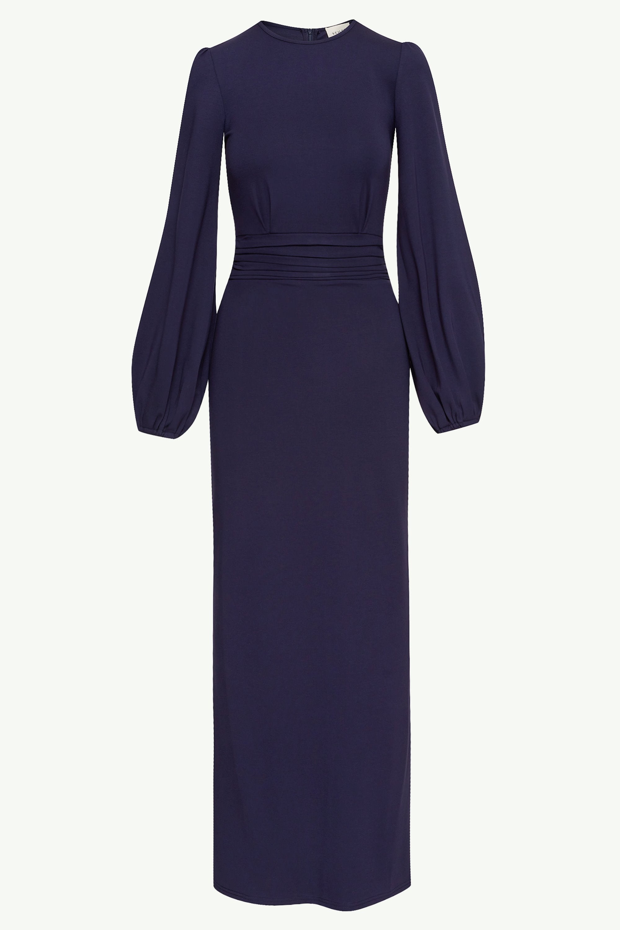 Elisa Jersey Rouched Waist Maxi Dress - Navy Blue Clothing Veiled 