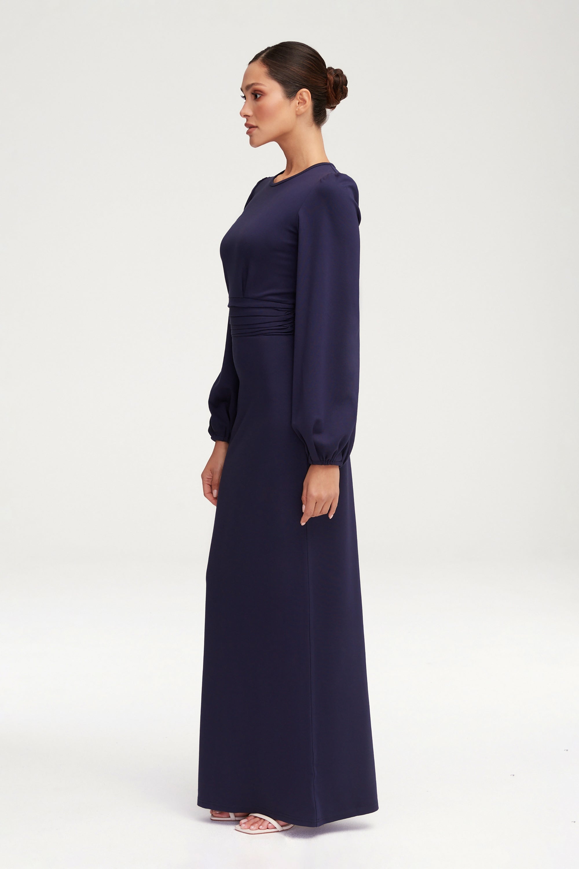 Elisa Jersey Rouched Waist Maxi Dress - Navy Blue Clothing Veiled 