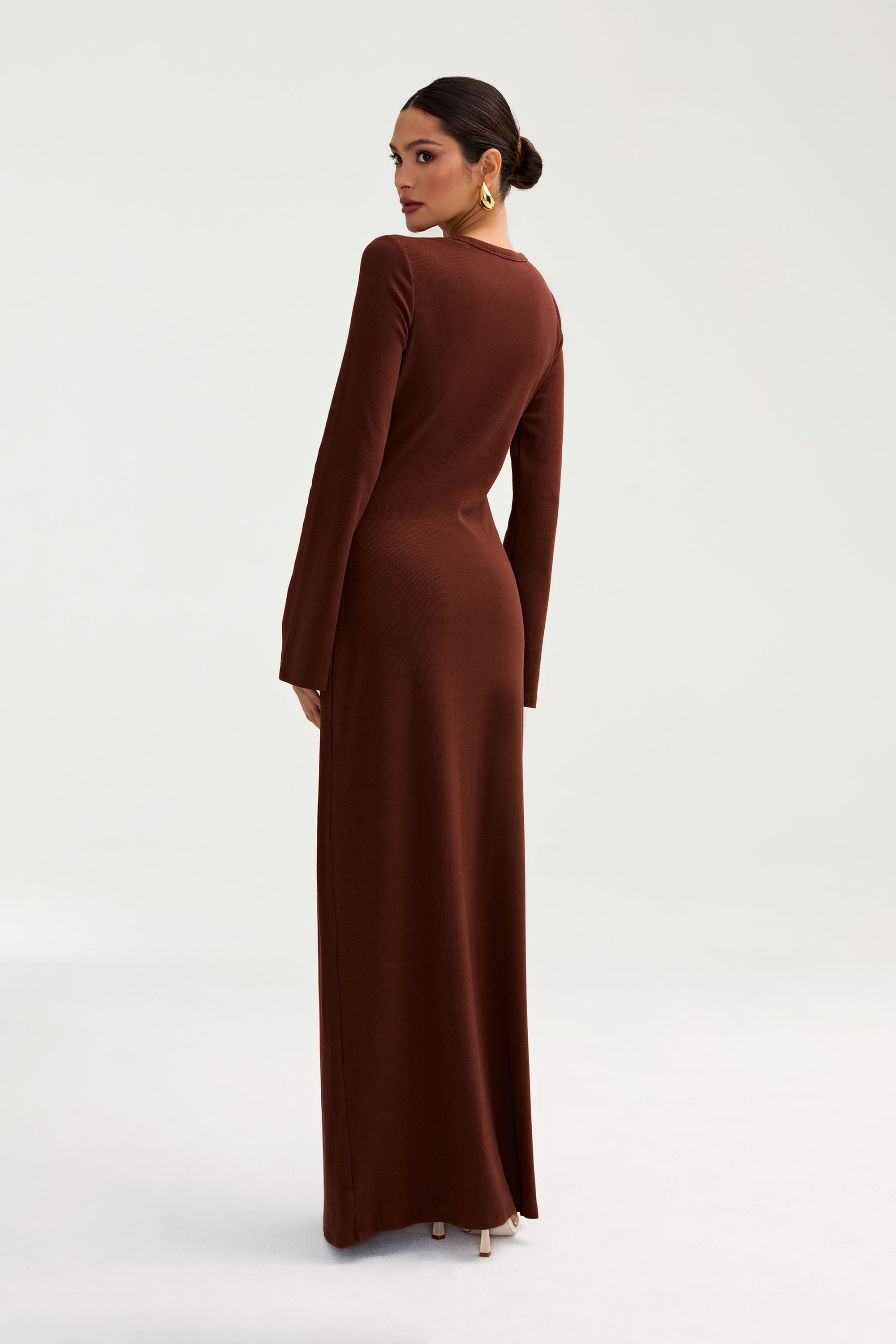 Ella Ribbed Split Cuff Maxi Dress - Chocolate Clothing Veiled 