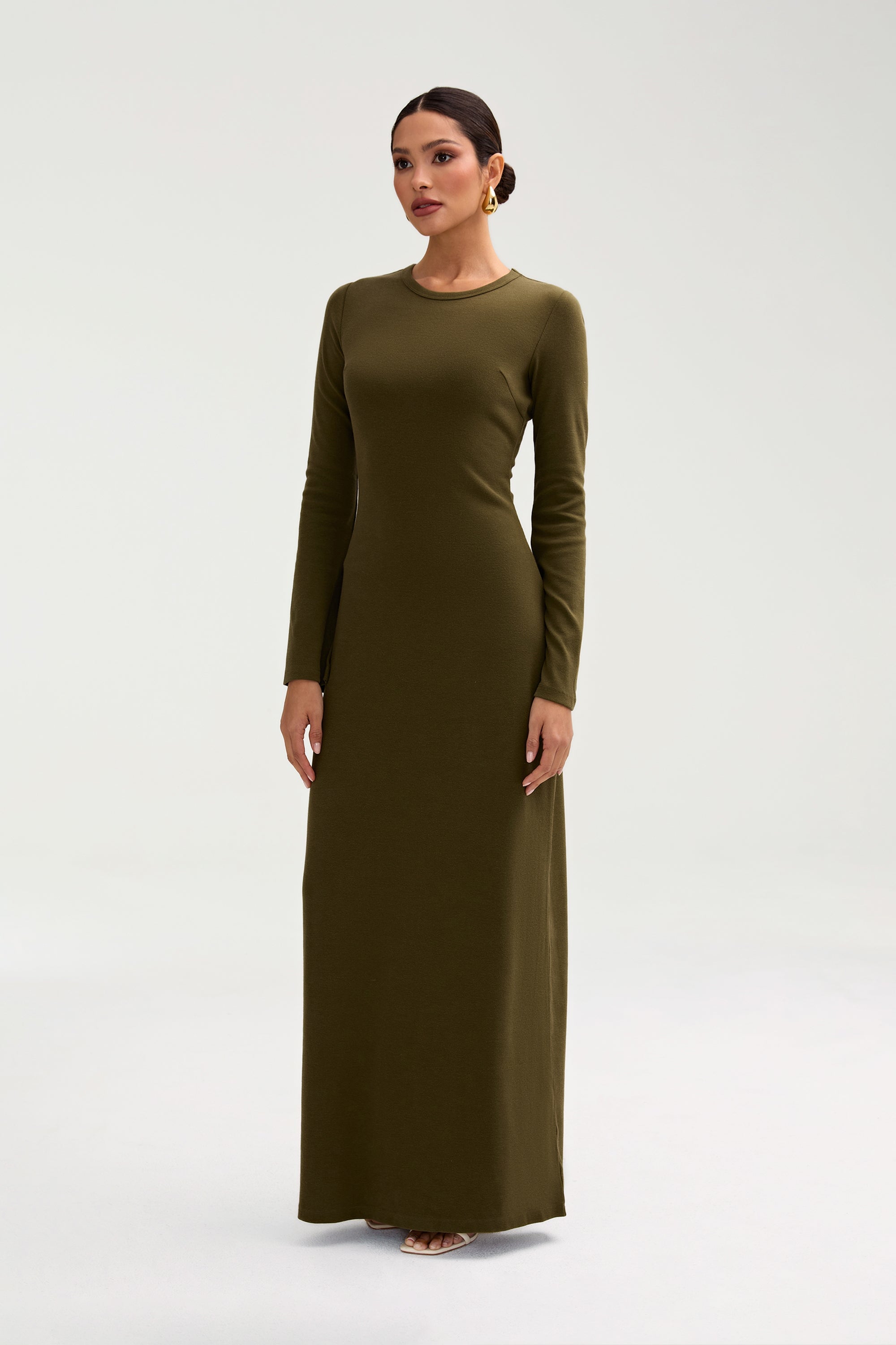 Ella Ribbed Split Cuff Maxi Dress - Olive Night Clothing Veiled 