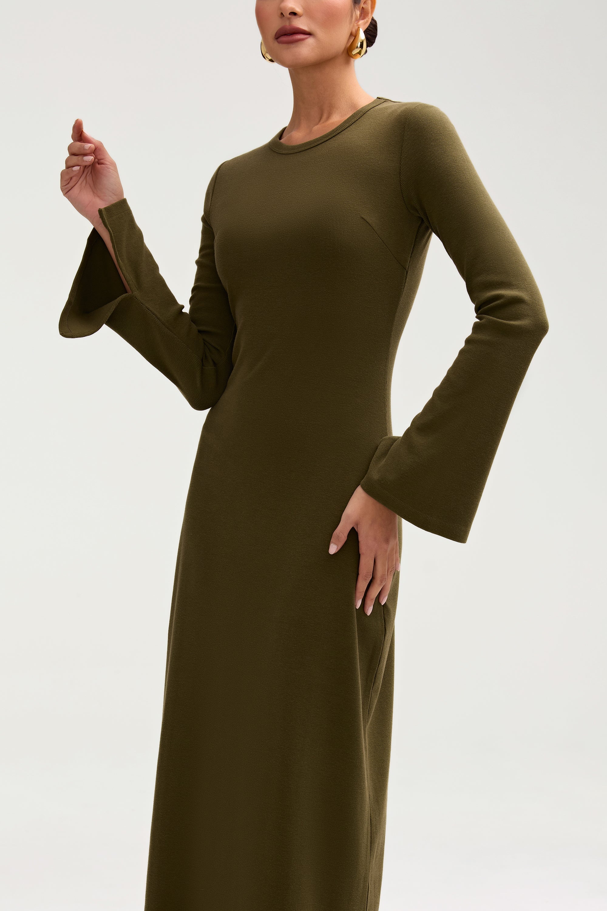 Veiled Ella Ribbed Split Cuff Maxi Dress Olive Night L 54