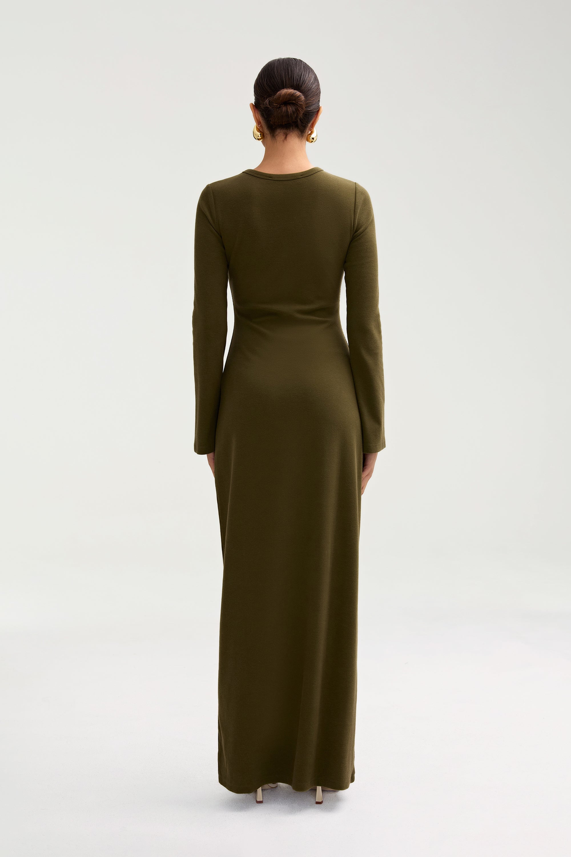 Ella Ribbed Split Cuff Maxi Dress - Olive Night